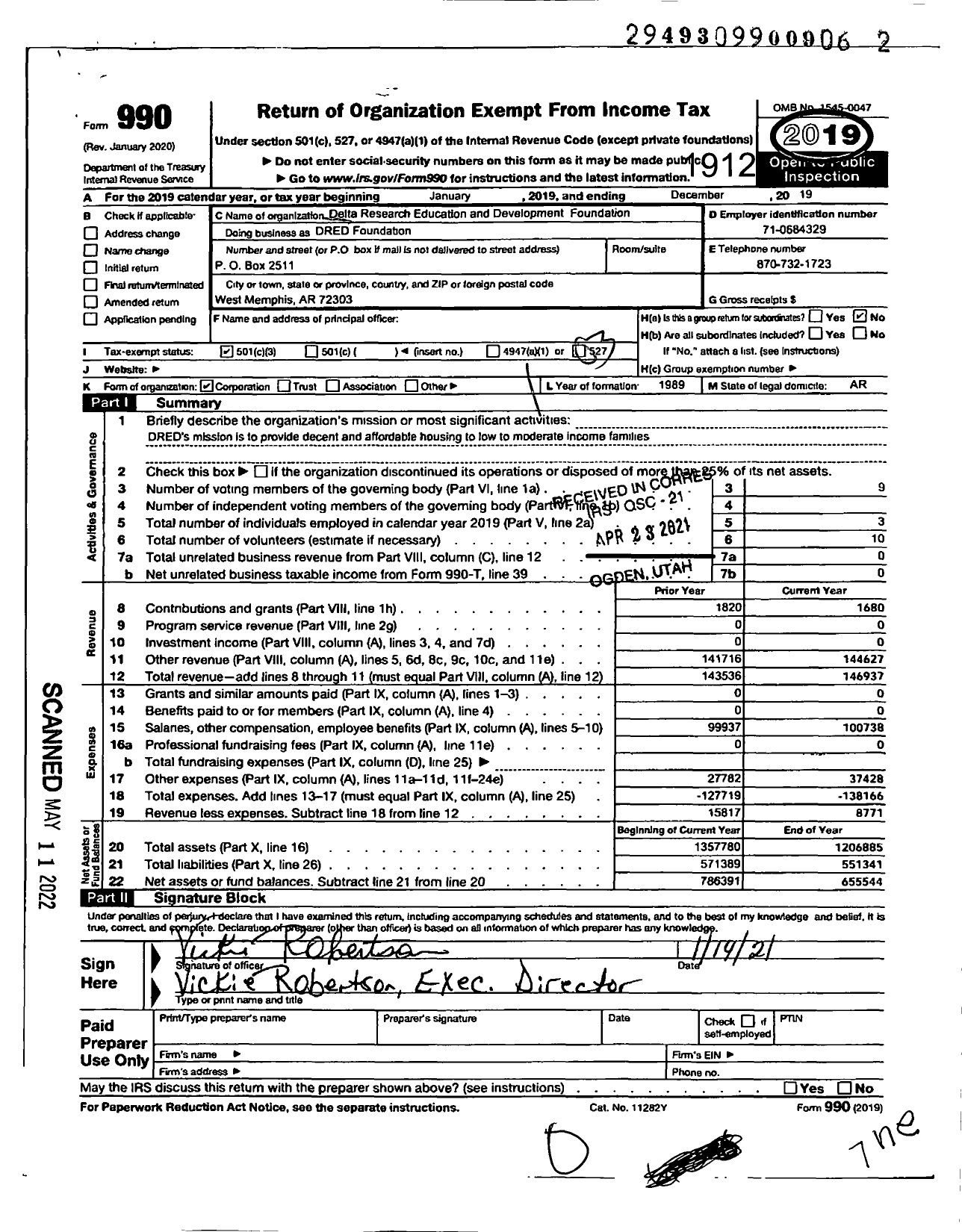 Image of first page of 2019 Form 990 for Delta Research Education and Development Foundation (DRED)