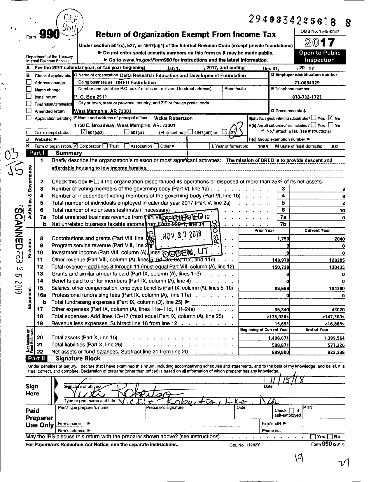 Image of first page of 2017 Form 990 for Delta Research Education and Development Foundation (DRED)