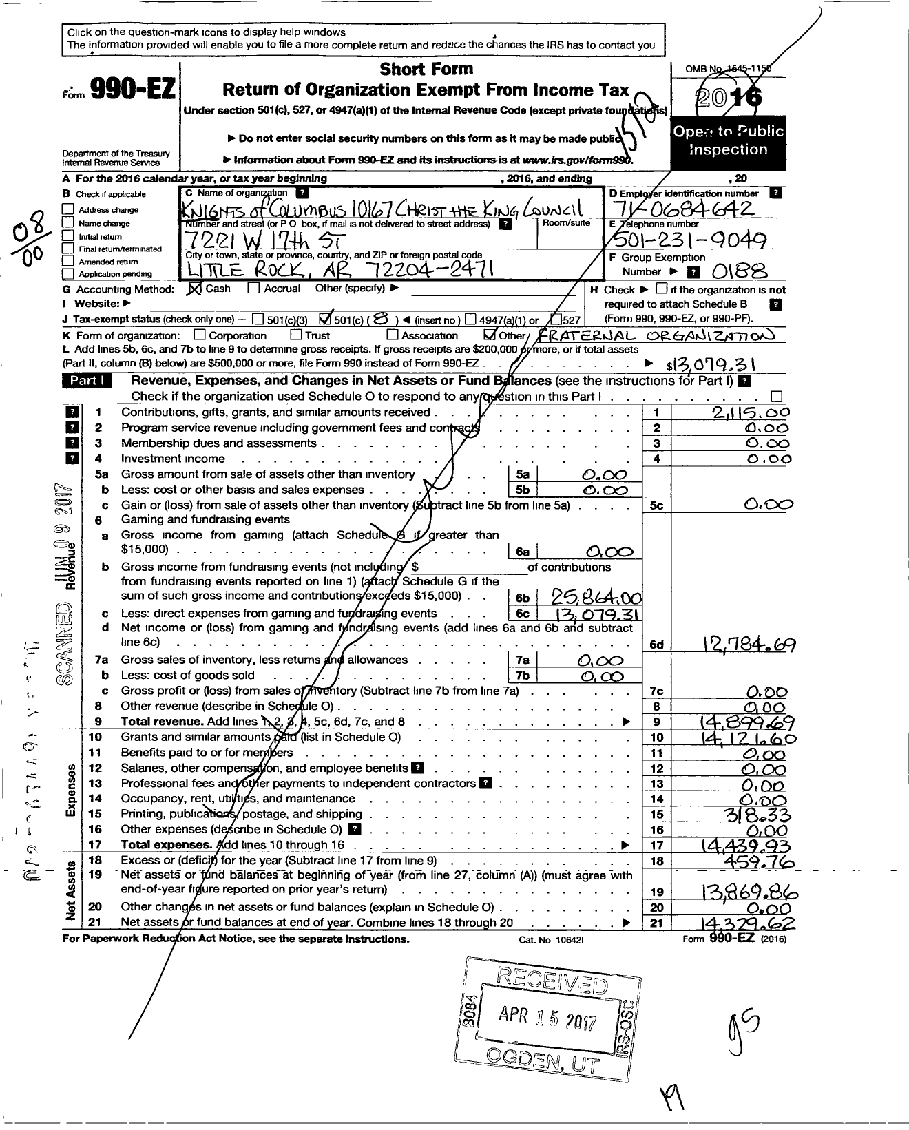 Image of first page of 2015 Form 990EO for Knights of Columbus - 10167 Christ the King Council