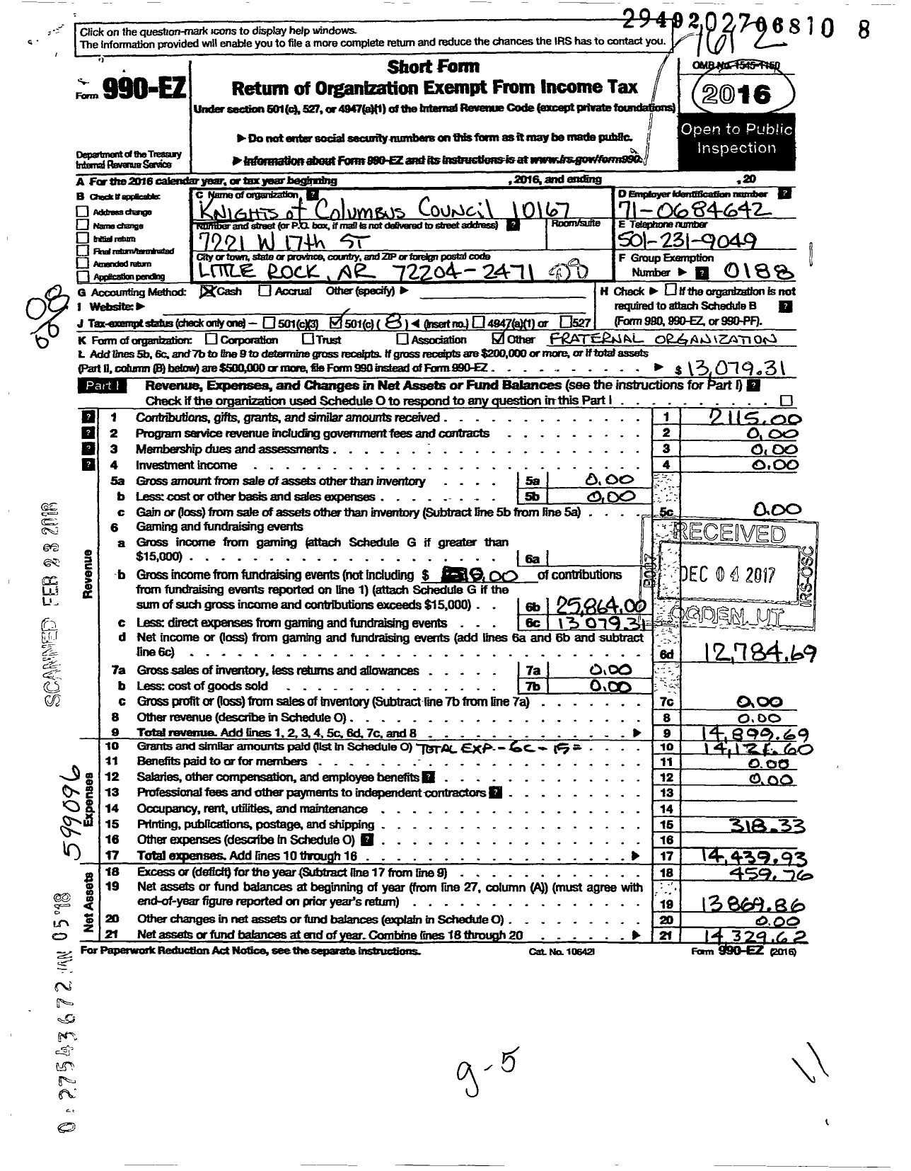 Image of first page of 2016 Form 990EO for Knights of Columbus - 10167 Christ the King Council