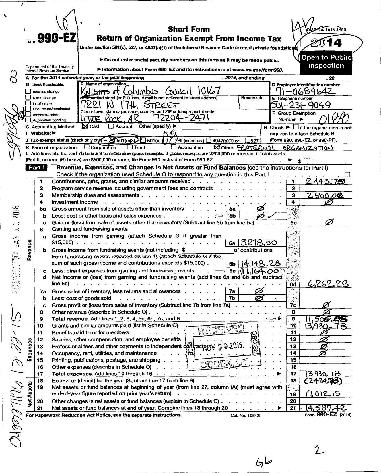 Image of first page of 2014 Form 990EO for Knights of Columbus - 10167 Christ the King Council