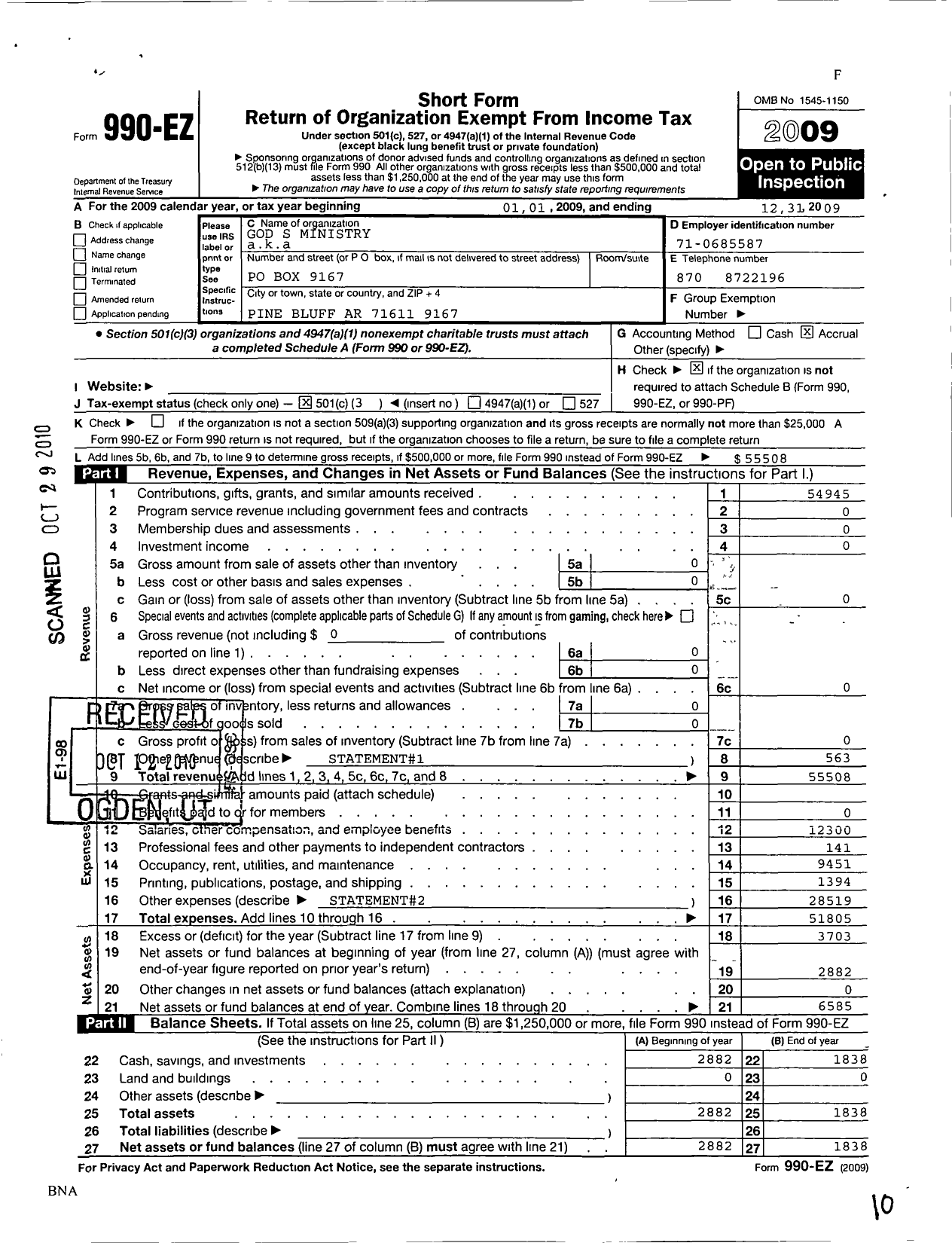 Image of first page of 2009 Form 990EZ for Gods Ministry