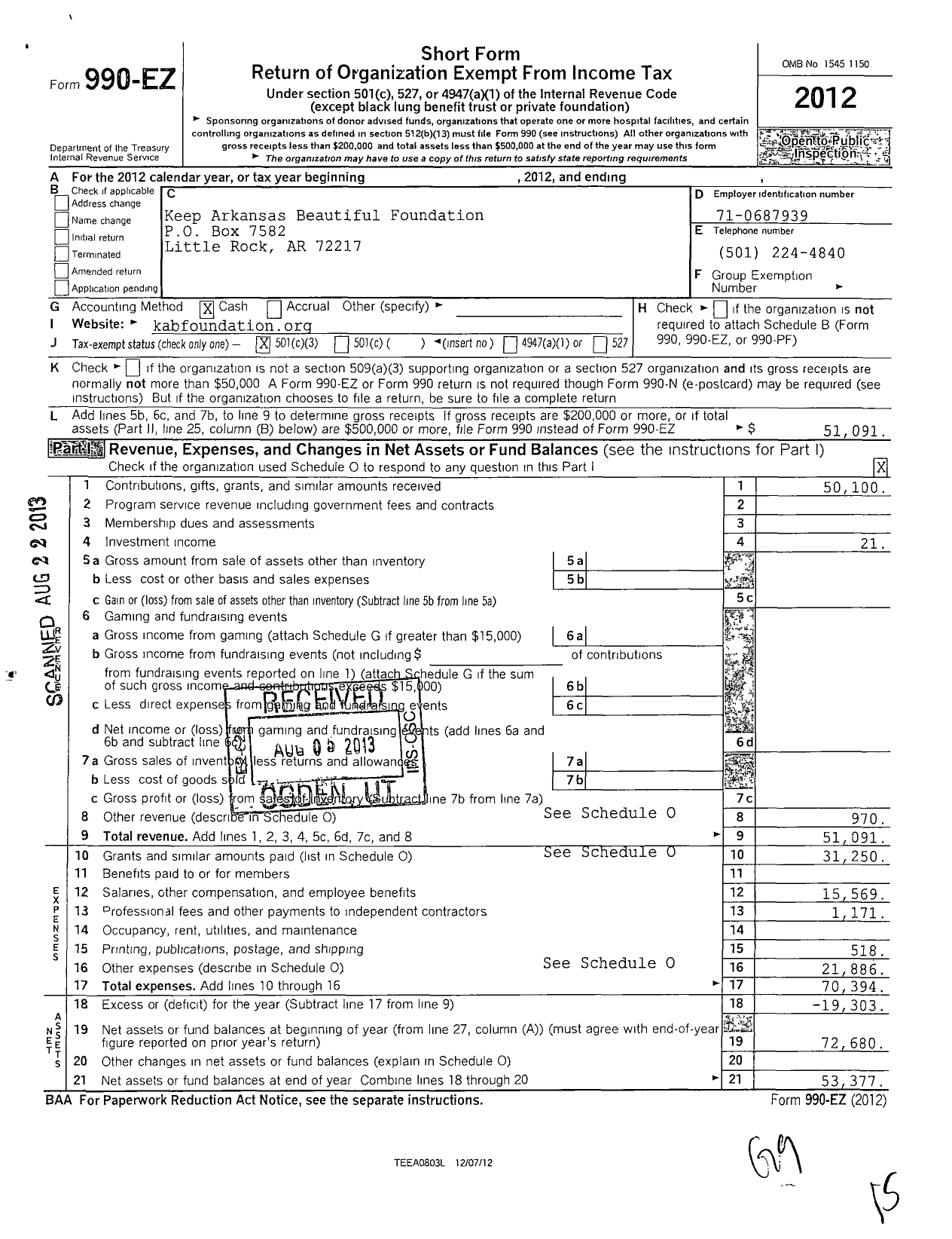 Image of first page of 2012 Form 990EZ for Keep Arkansas Beautiful Foundation