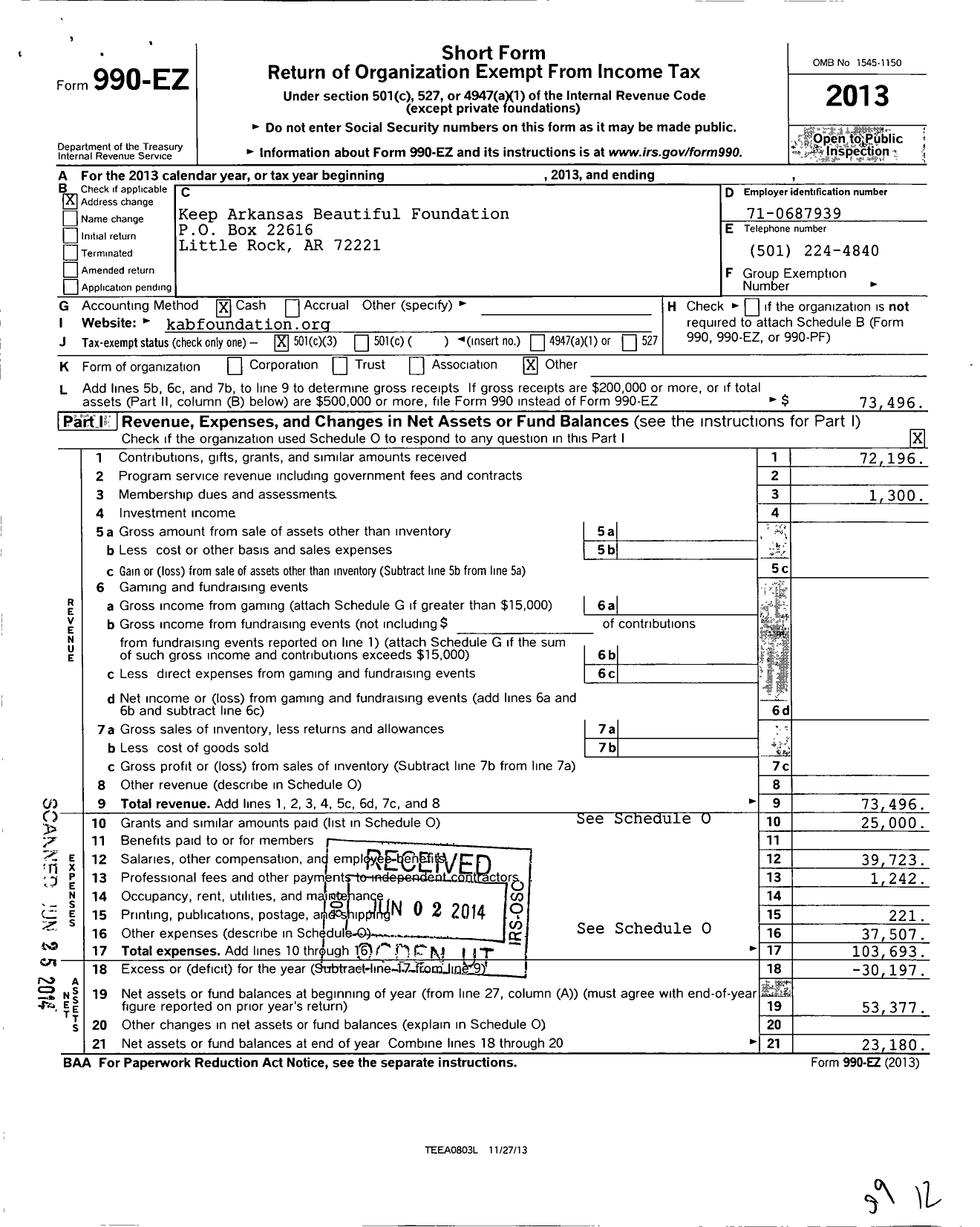 Image of first page of 2013 Form 990EZ for Keep Arkansas Beautiful Foundation