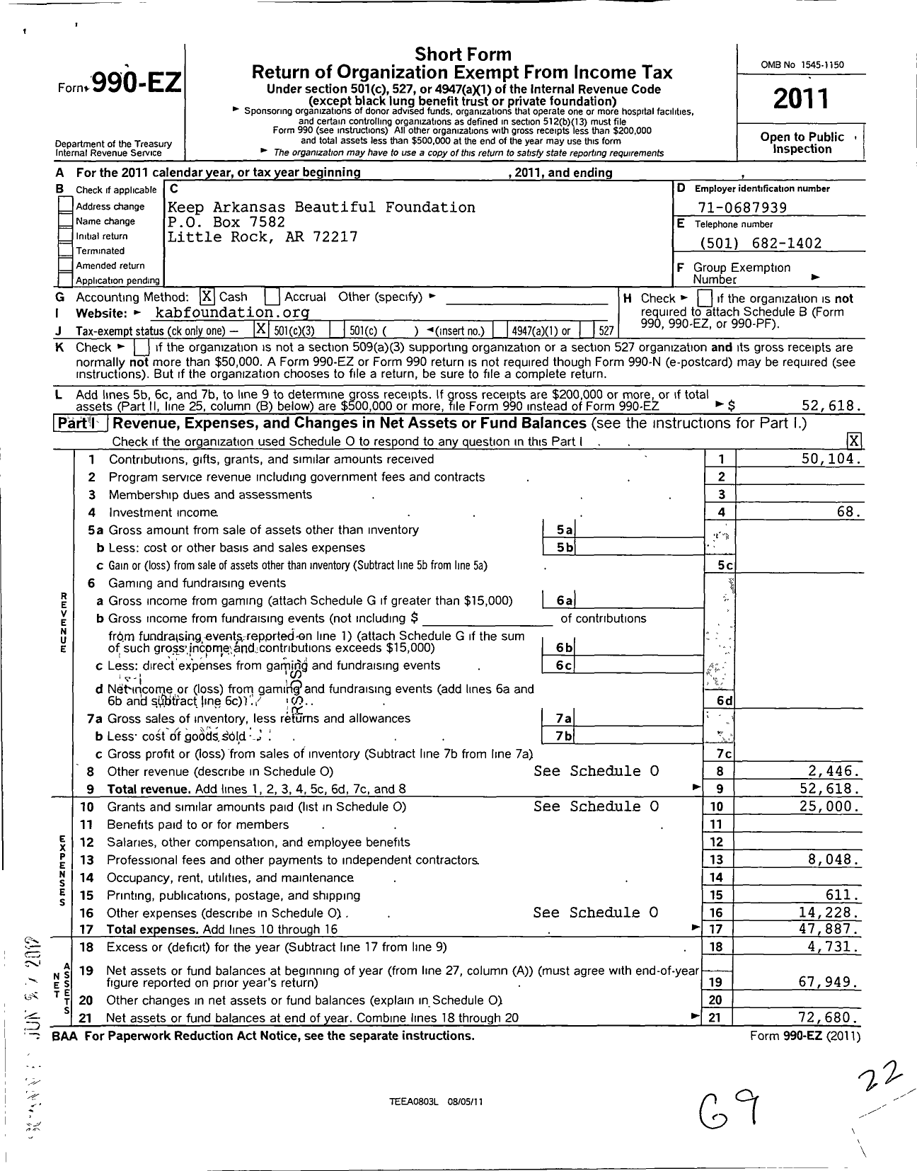 Image of first page of 2011 Form 990EZ for Keep Arkansas Beautiful Foundation