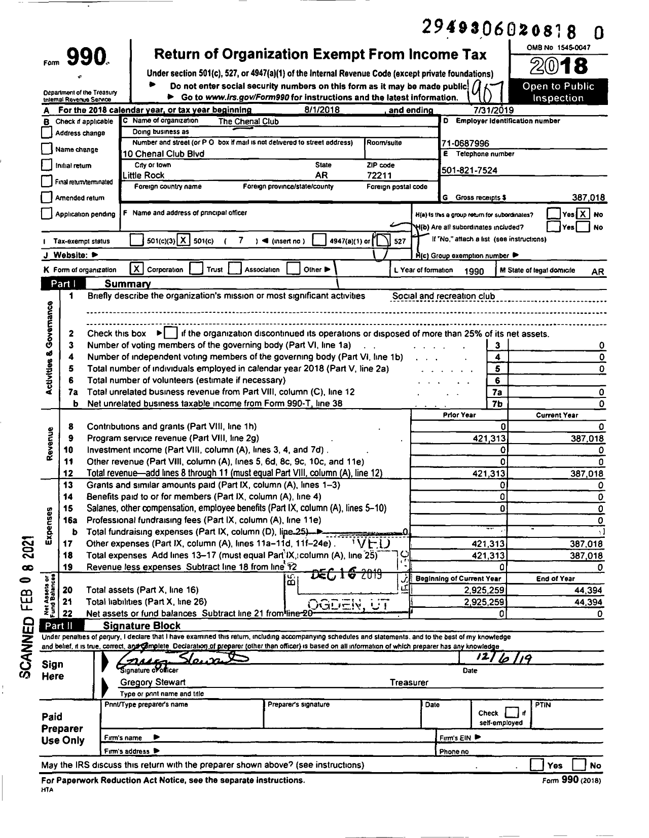 Image of first page of 2018 Form 990O for The Chenal Club