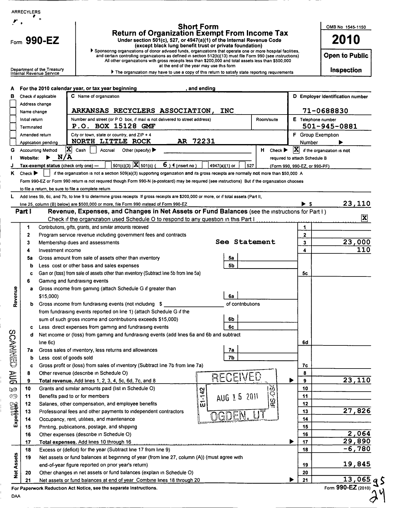 Image of first page of 2010 Form 990EO for Arkansas Recyclers Association