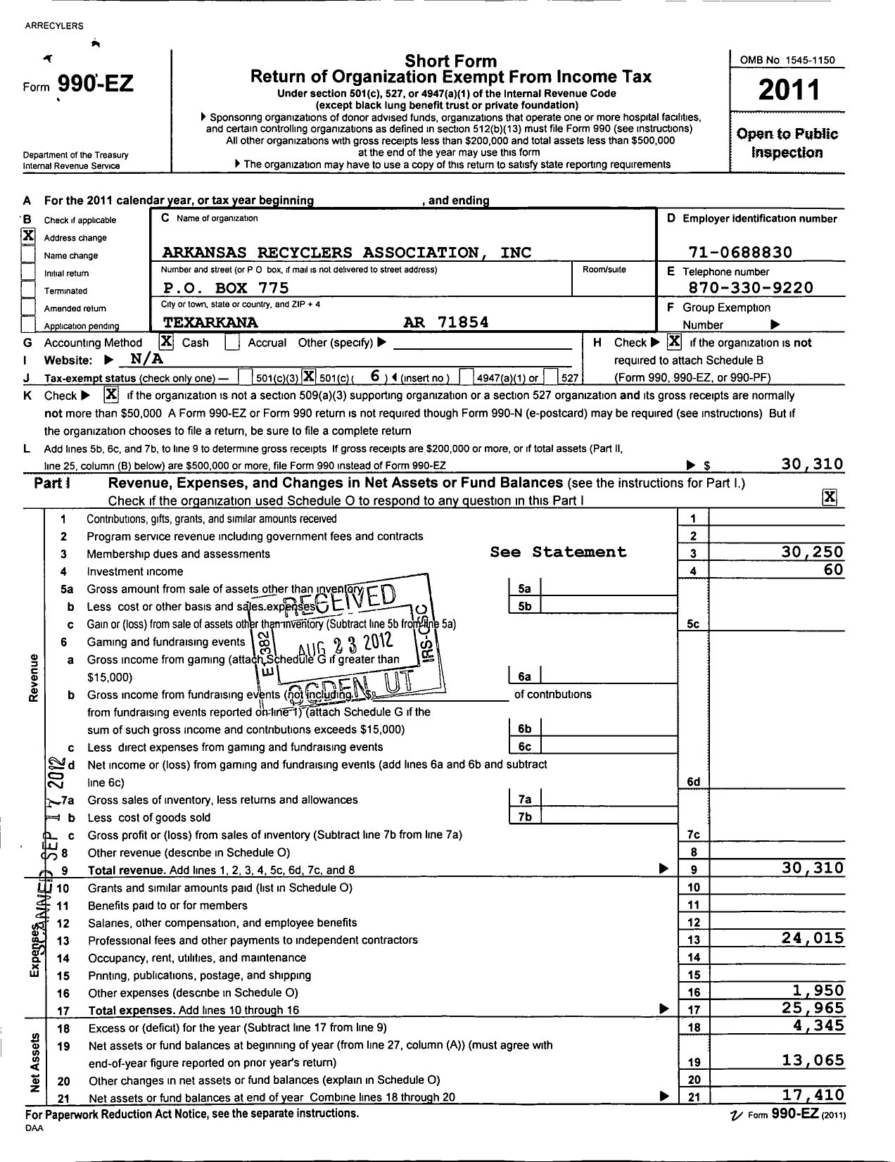 Image of first page of 2011 Form 990EO for Arkansas Recyclers Association