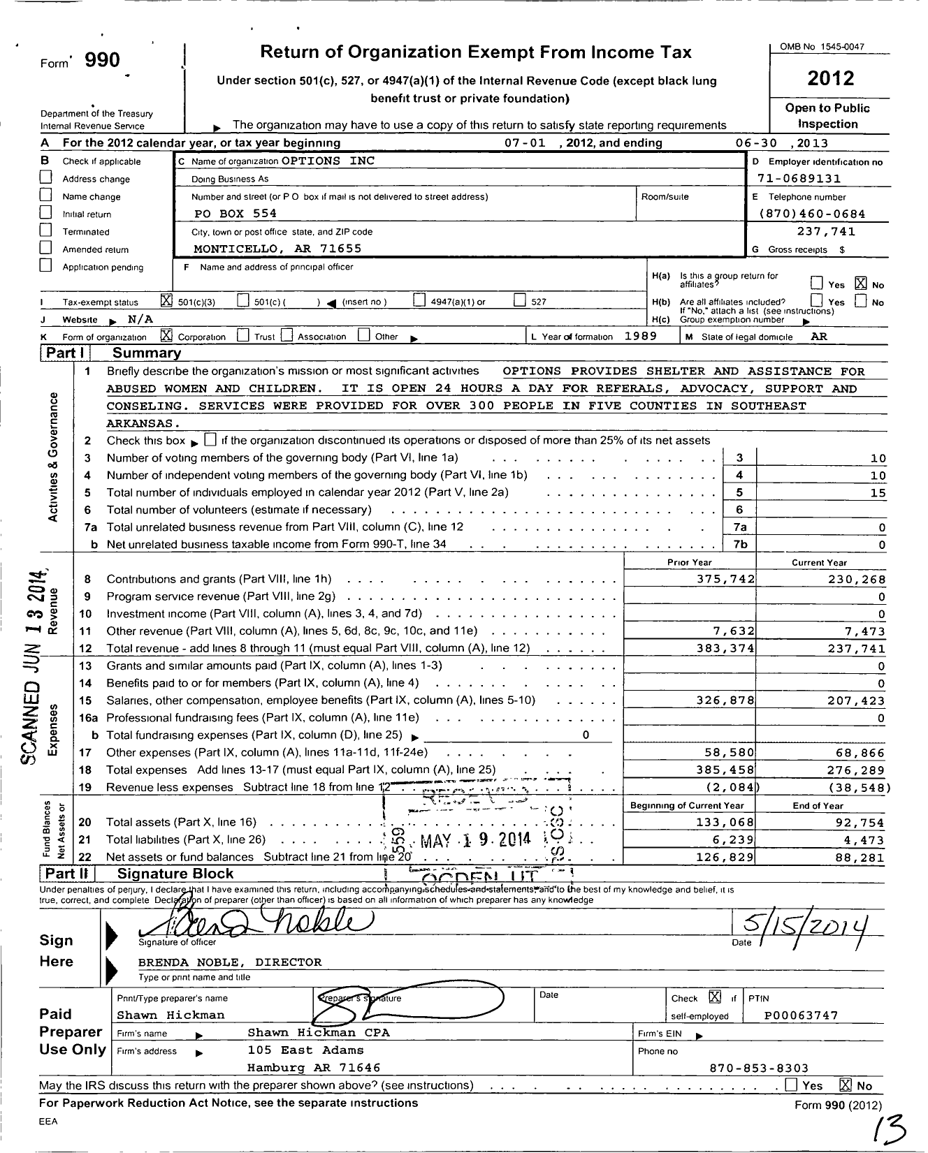 Image of first page of 2012 Form 990 for Options