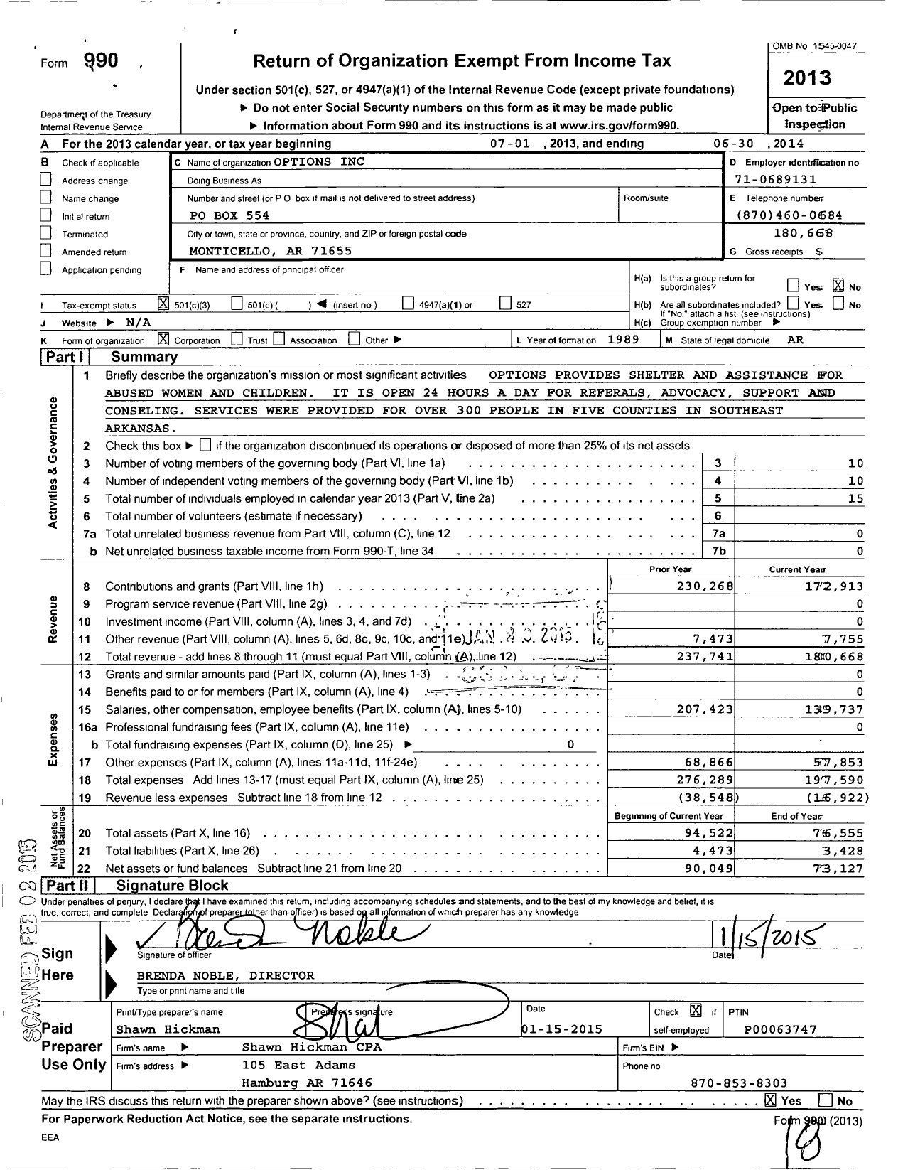 Image of first page of 2013 Form 990 for Options