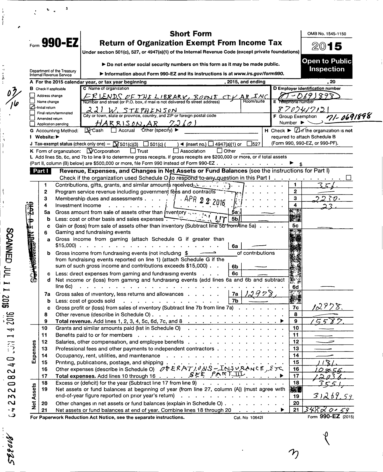 Image of first page of 2015 Form 990EZ for Friends of the Library Boone County Arkansas