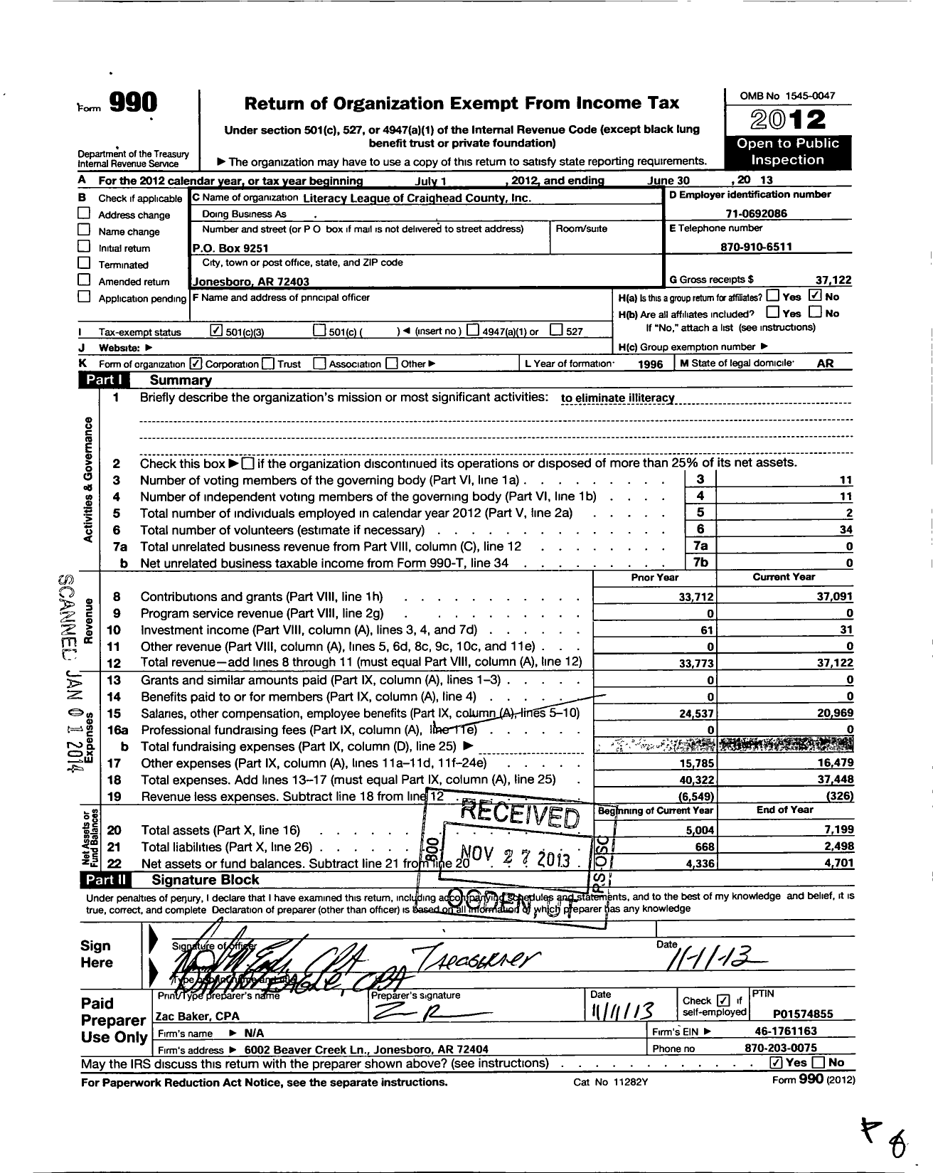 Image of first page of 2012 Form 990 for Literacy League of Craighead County