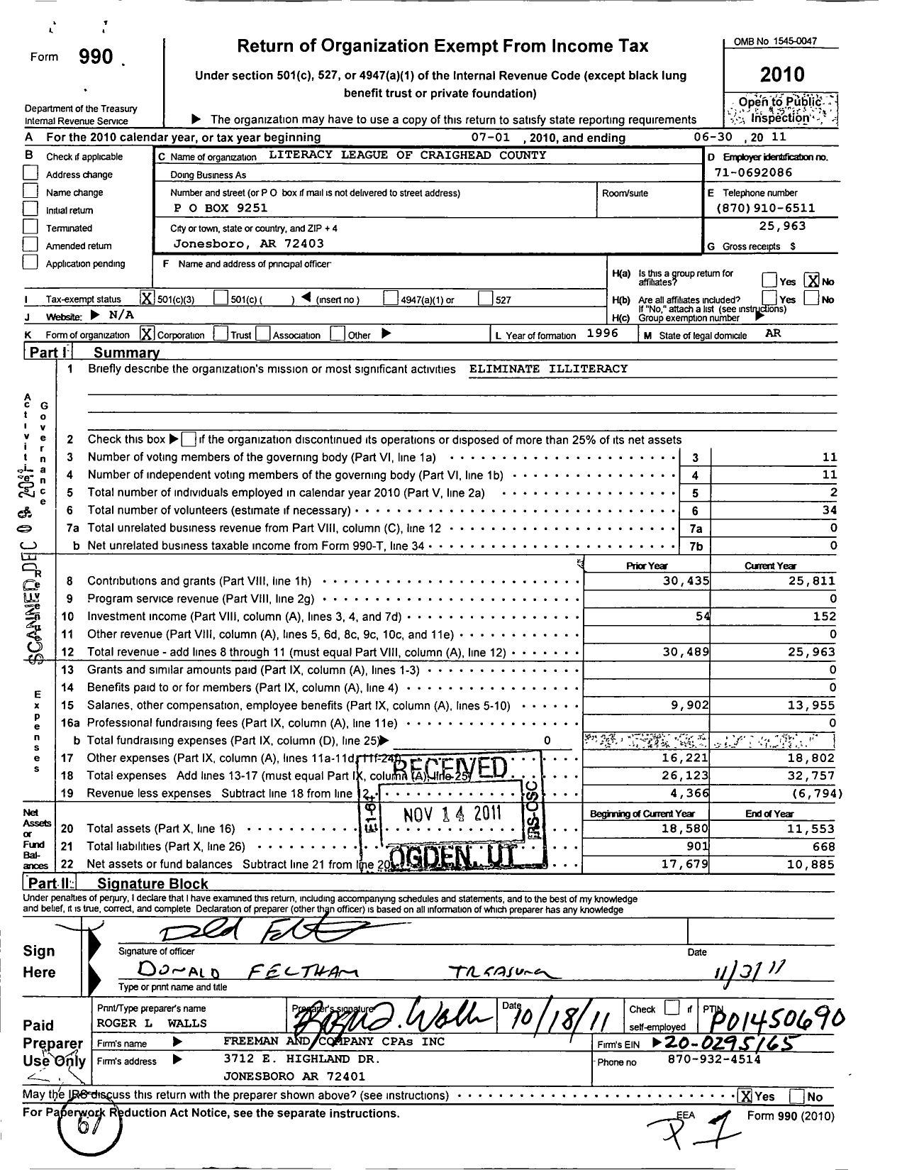 Image of first page of 2010 Form 990 for Literacy League of Craighead County