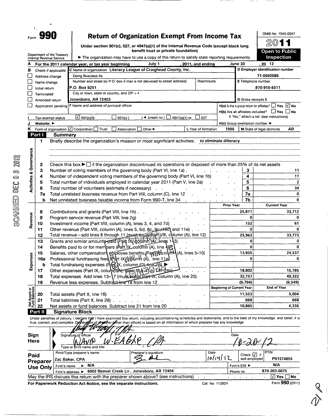 Image of first page of 2011 Form 990 for Literacy League of Craighead County