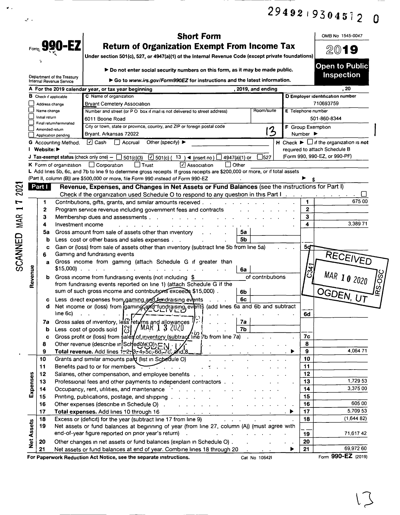 Image of first page of 2019 Form 990EO for Bryant Cemetery Association