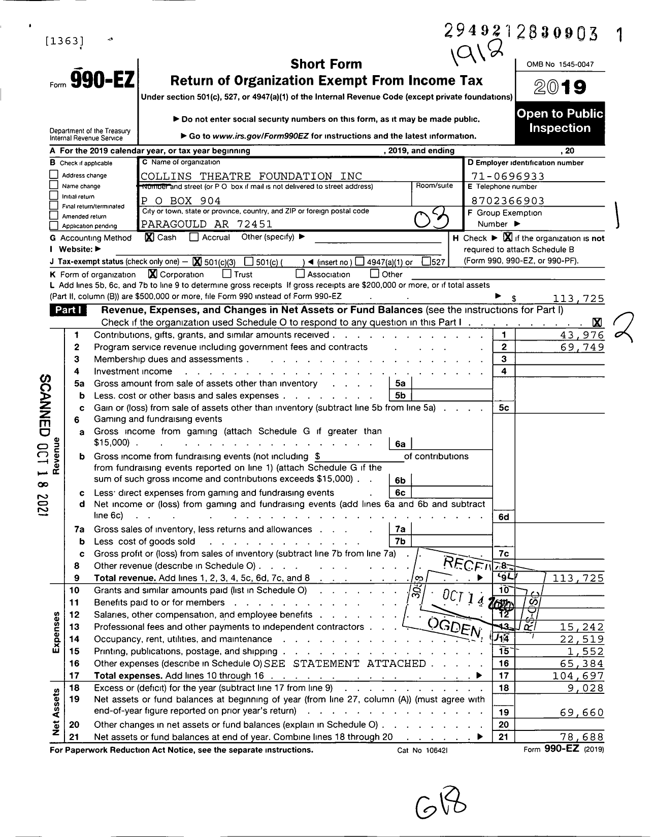 Image of first page of 2019 Form 990EZ for Collins Theatre Foundation