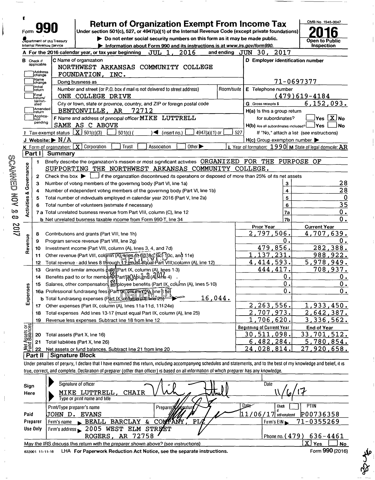 Image of first page of 2016 Form 990 for Northwest Arkansas Community College Foundation