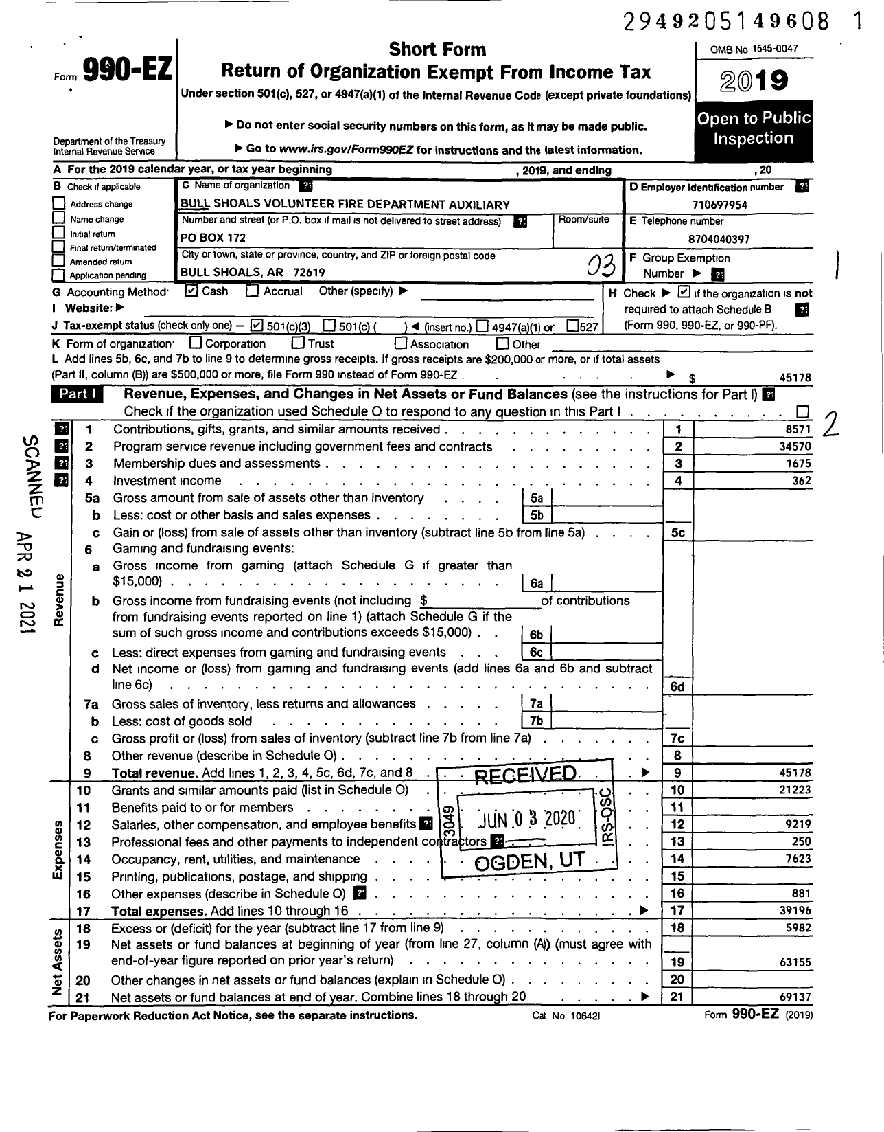 Image of first page of 2019 Form 990EZ for Bull Shoals Volunteer Fire Department Auxiliary