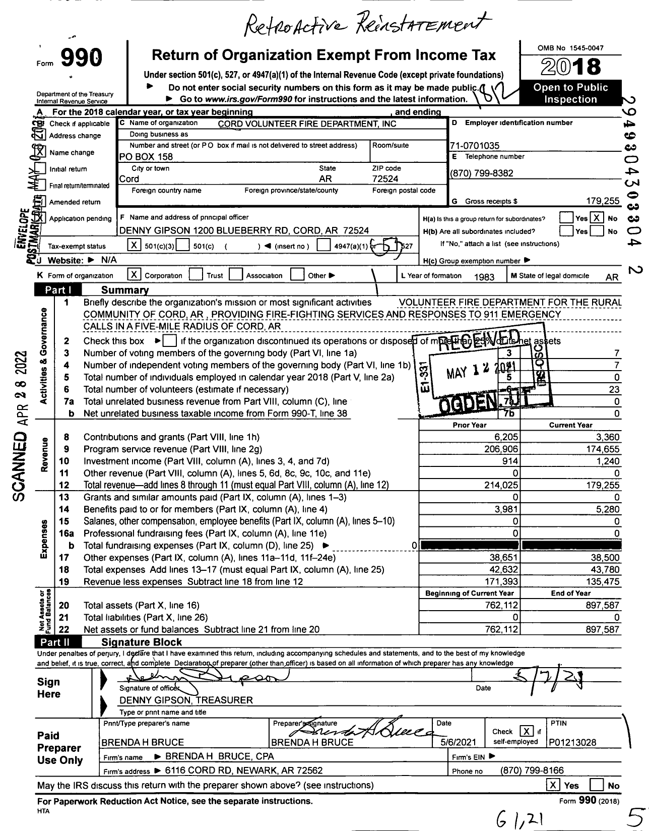 Image of first page of 2018 Form 990 for Cord Volunteer Fire Department