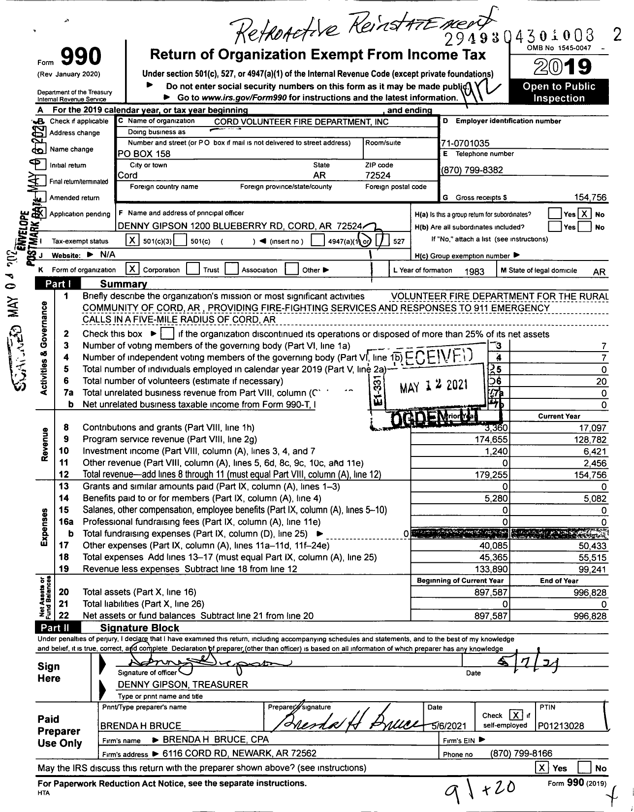 Image of first page of 2019 Form 990 for Cord Volunteer Fire Department