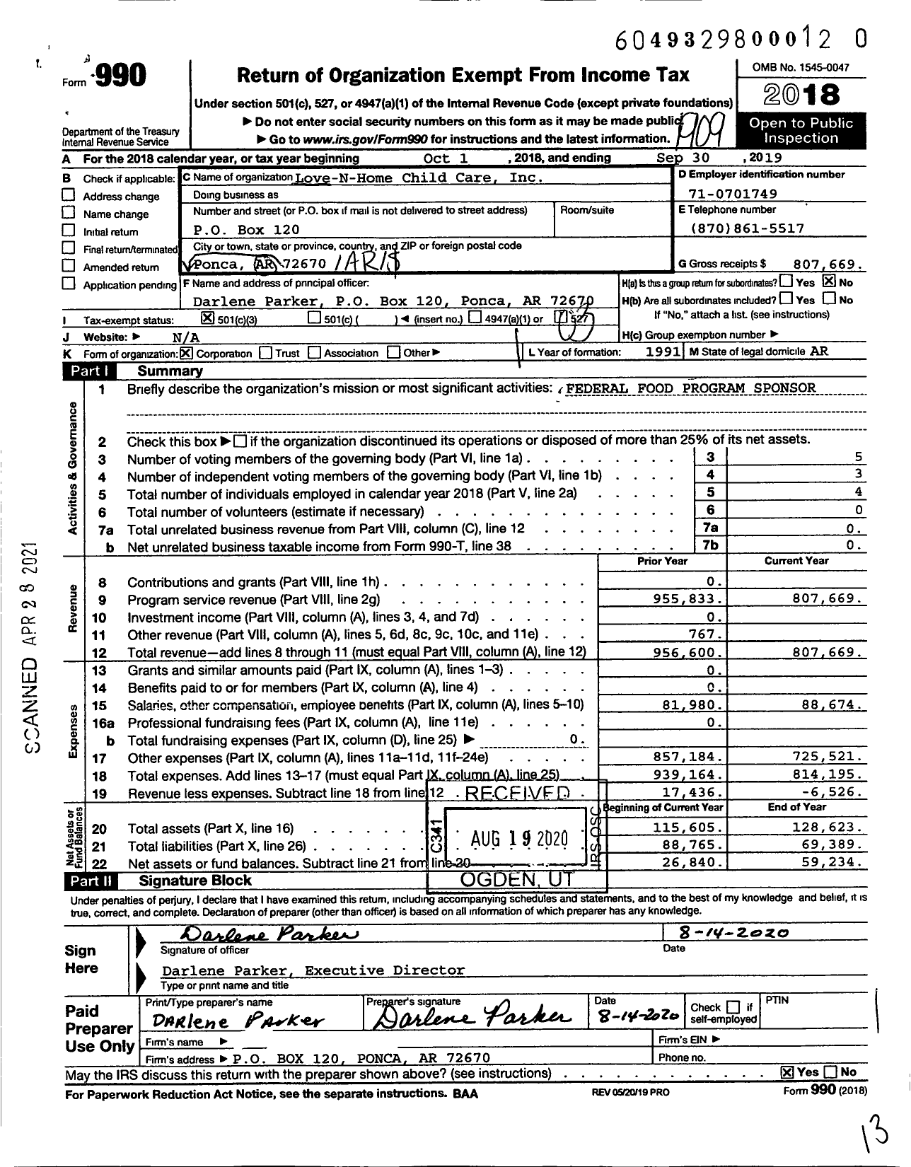 Image of first page of 2018 Form 990 for Love-N-Home Child Care