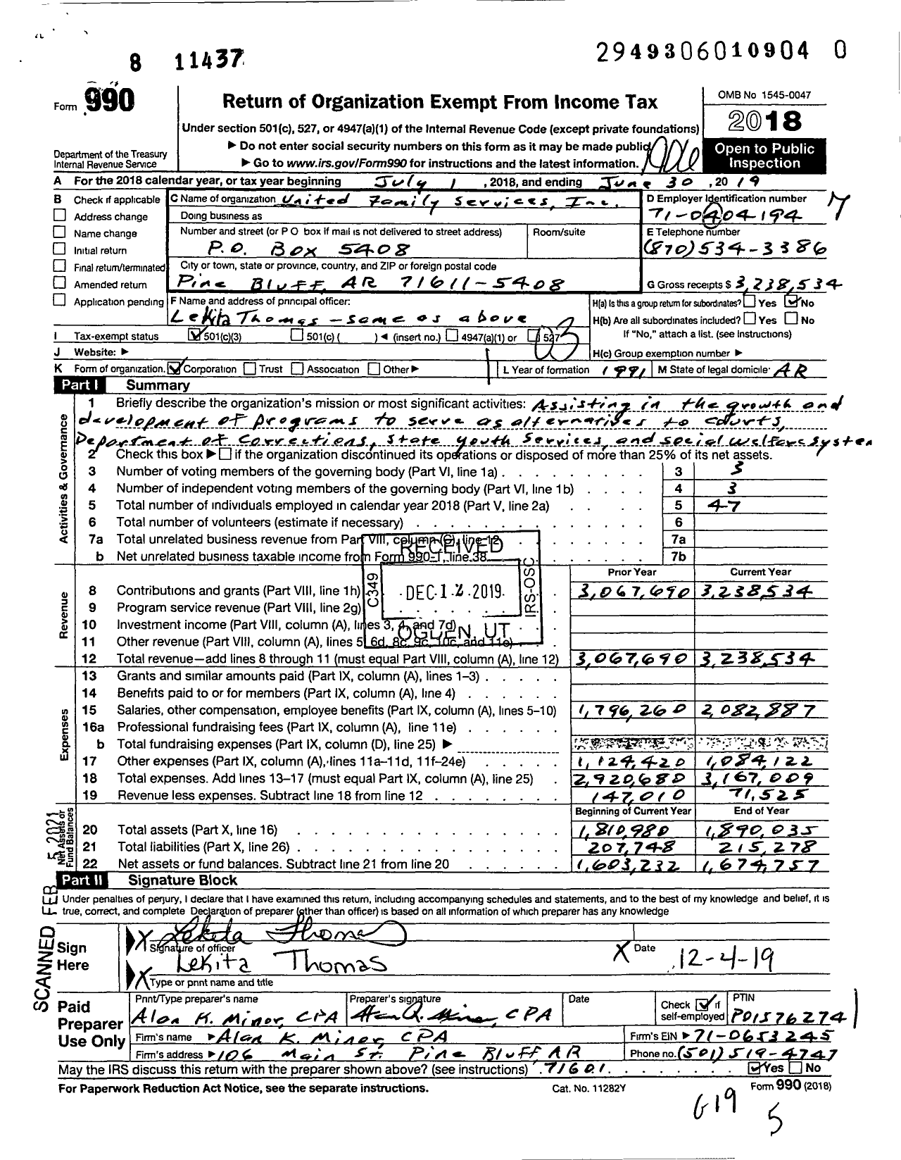 Image of first page of 2018 Form 990 for United Family Services