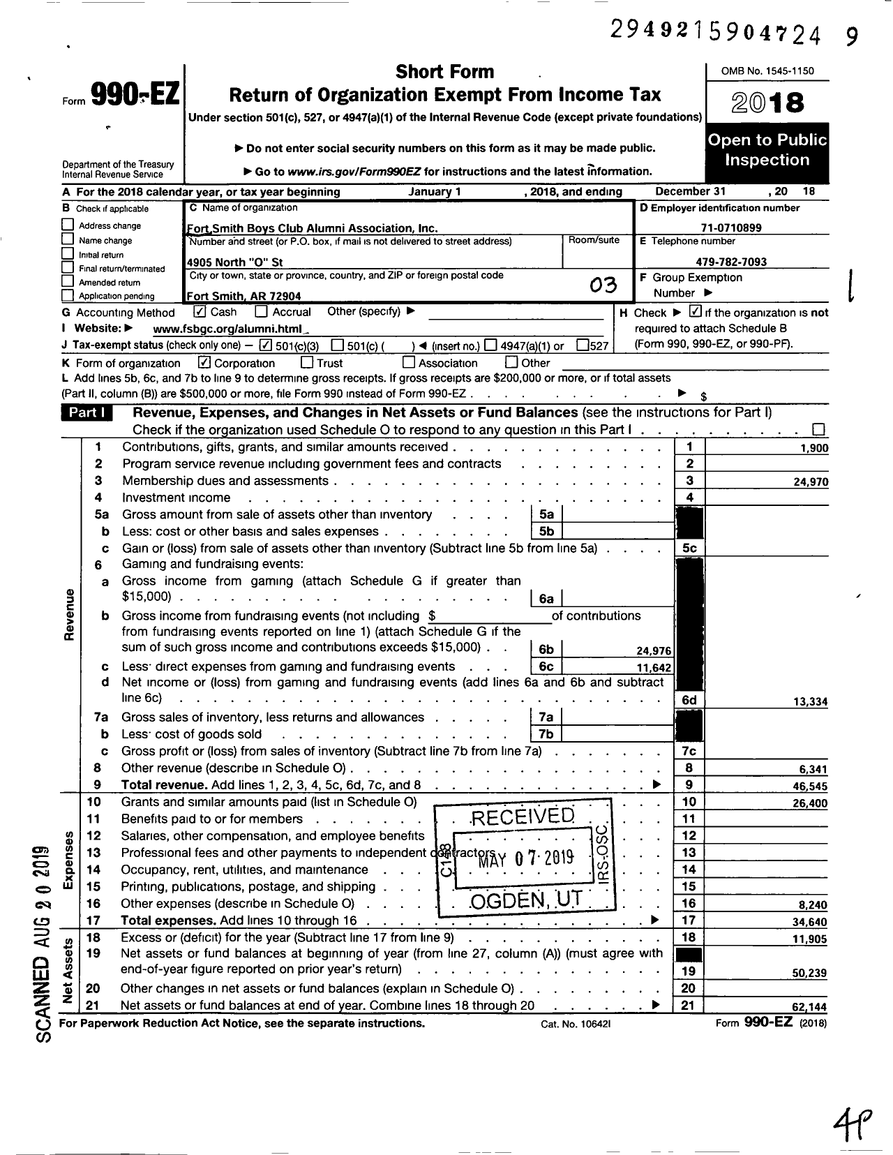 Image of first page of 2018 Form 990EZ for Fort Smith Boys Club Alumni Association