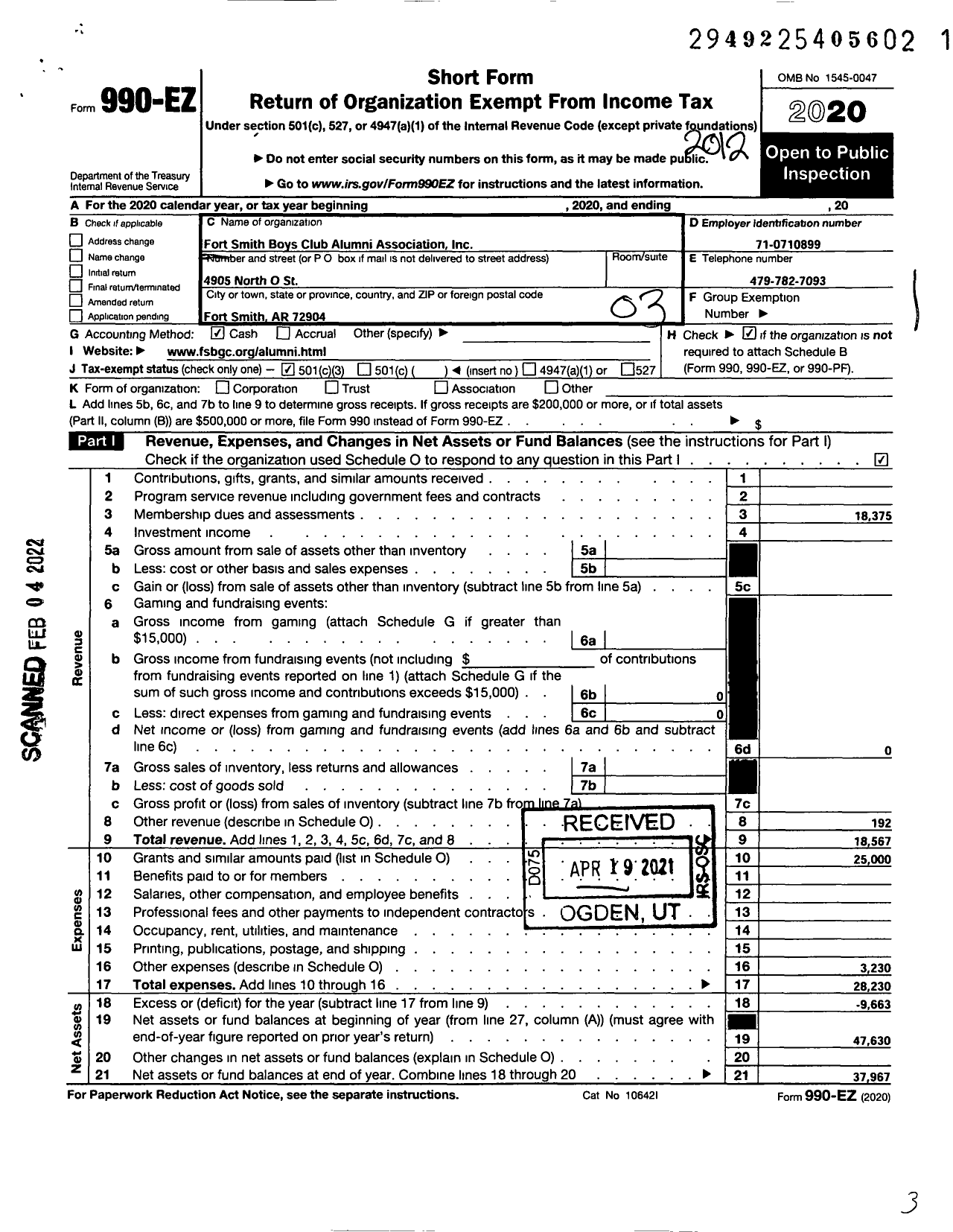 Image of first page of 2020 Form 990EZ for Fort Smith Boys Club Alumni Association