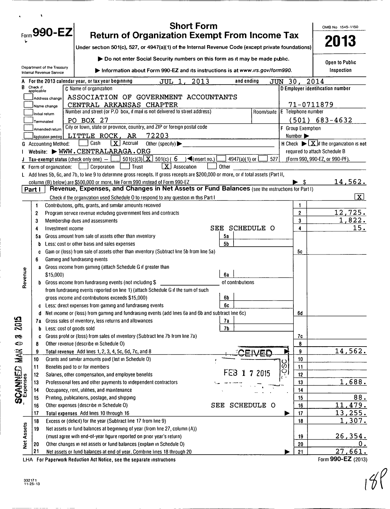 Image of first page of 2013 Form 990EO for Association of Government Accountants / Central Arkansas Chapter