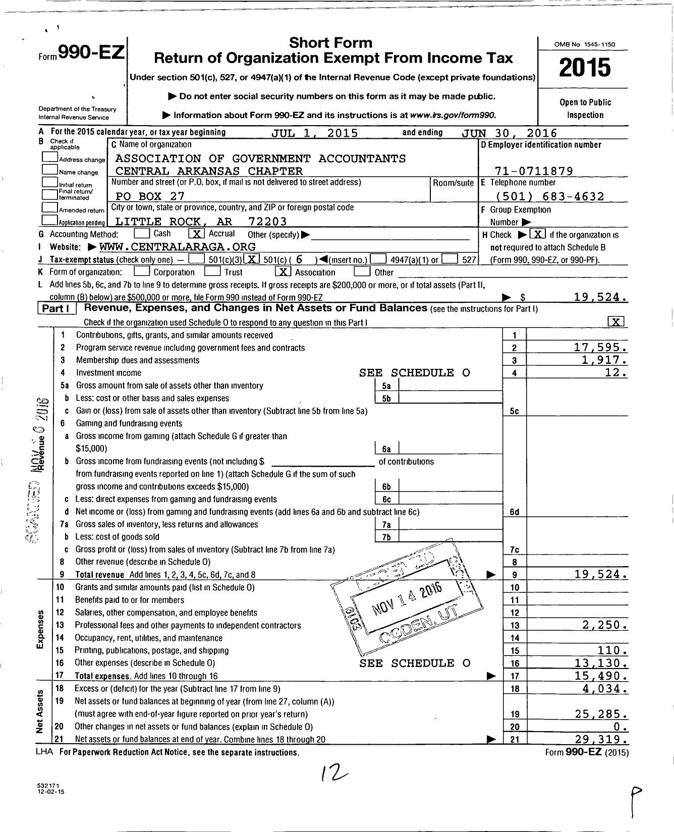 Image of first page of 2015 Form 990EO for Association of Government Accountants / Central Arkansas Chapter