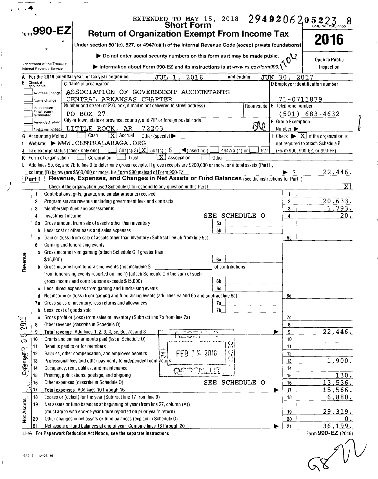 Image of first page of 2016 Form 990EO for Association of Government Accountants / Central Arkansas Chapter