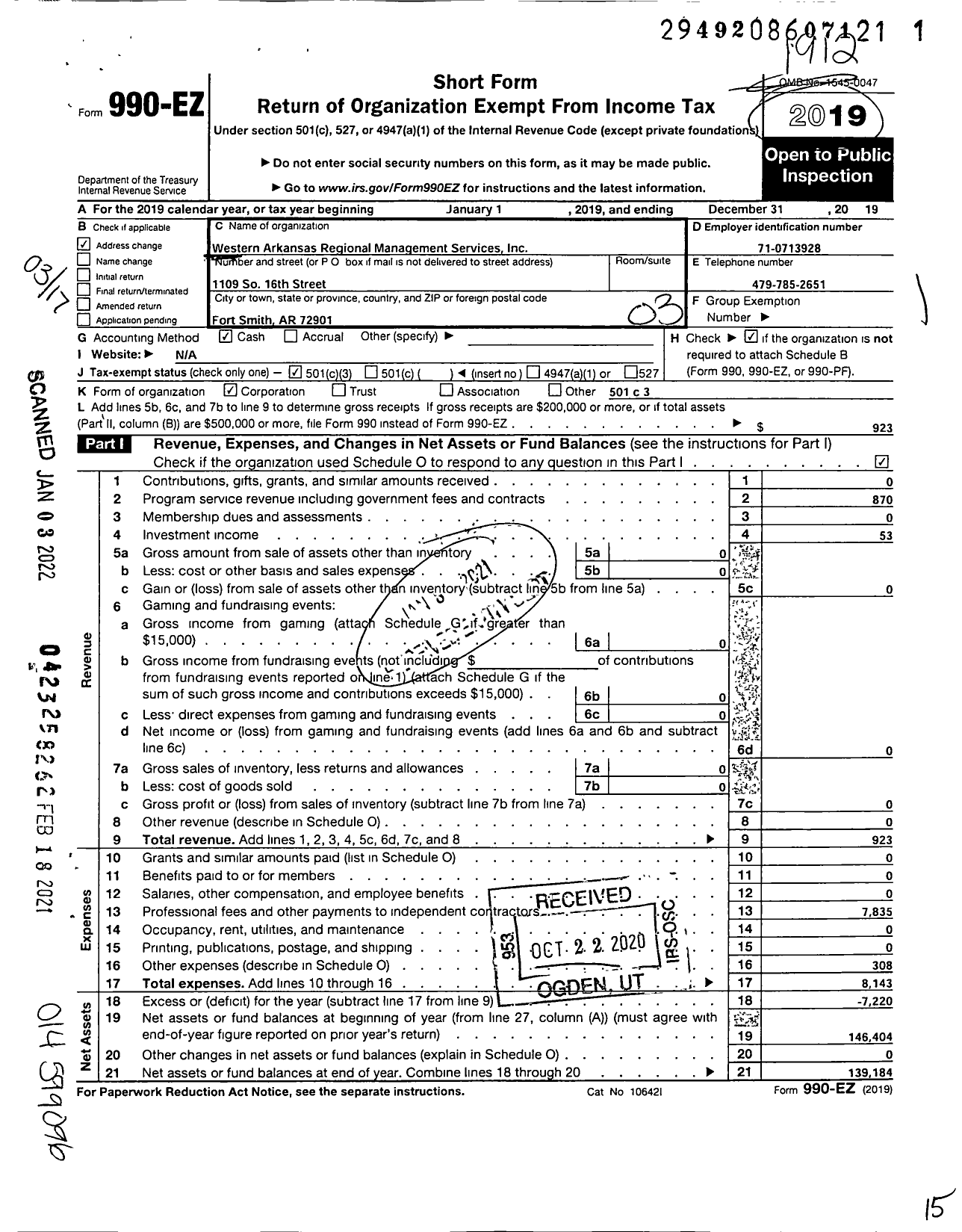 Image of first page of 2019 Form 990EZ for Western Arkansas Regional Management Services