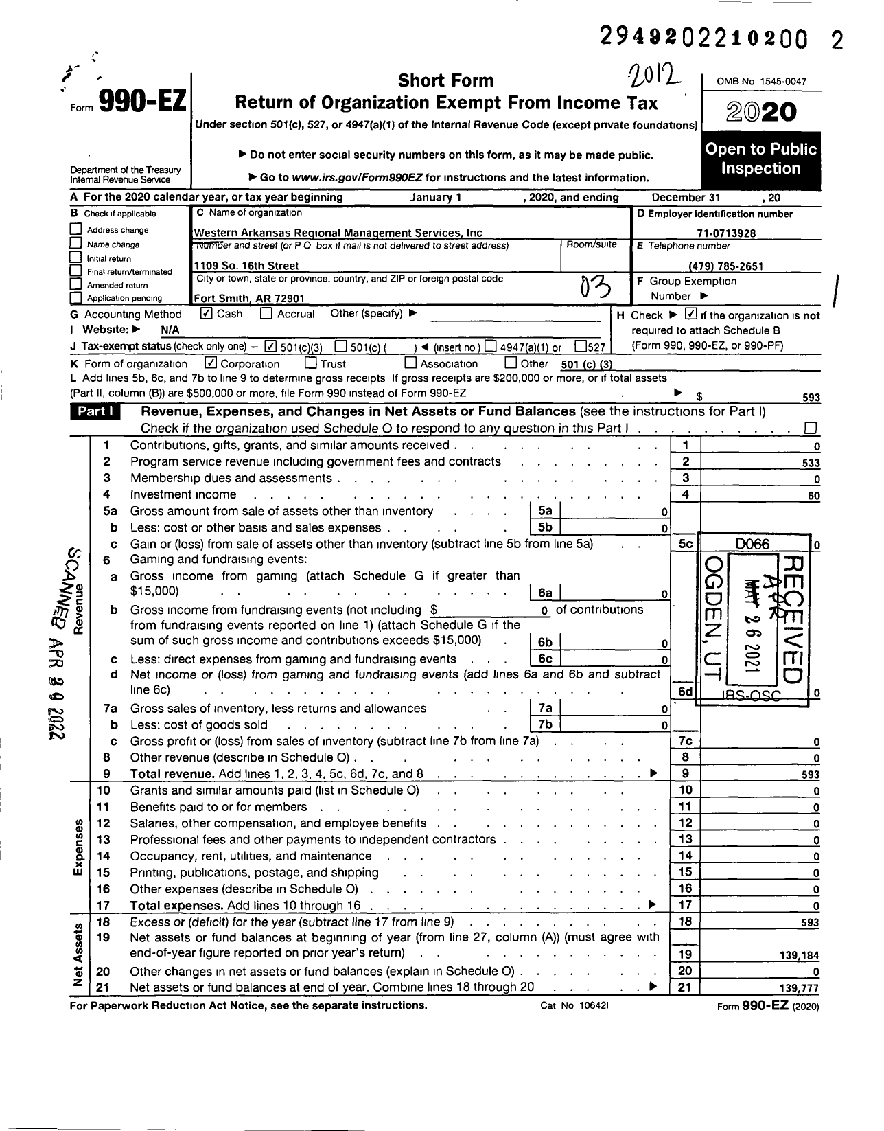 Image of first page of 2020 Form 990EZ for Western Arkansas Regional Management Services