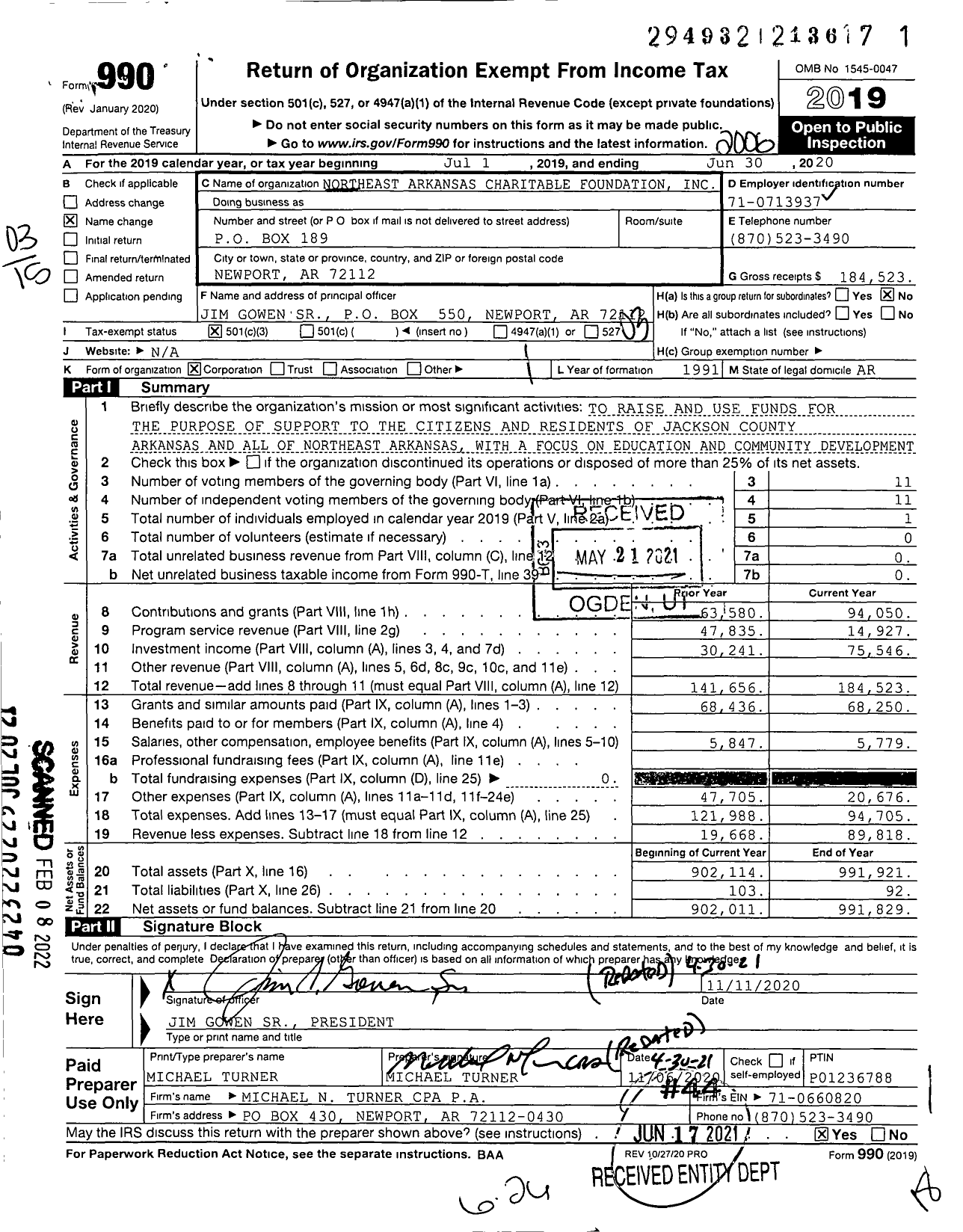 Image of first page of 2019 Form 990 for Northeast Arkansas Charitable Foundation