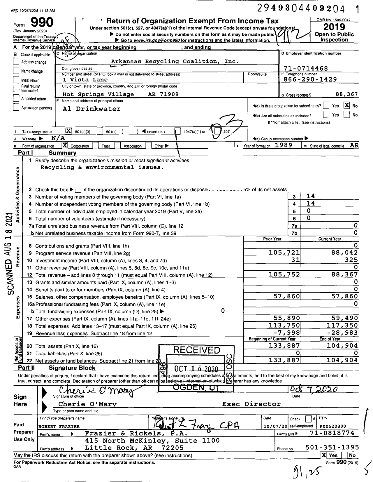 Image of first page of 2019 Form 990 for Arkansas Recycling Coalition