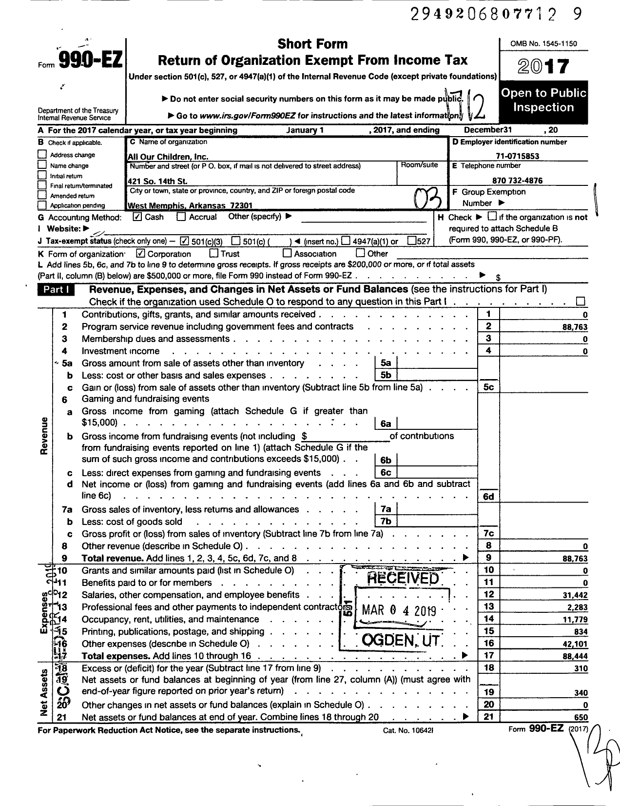 Image of first page of 2017 Form 990EZ for All Our Children