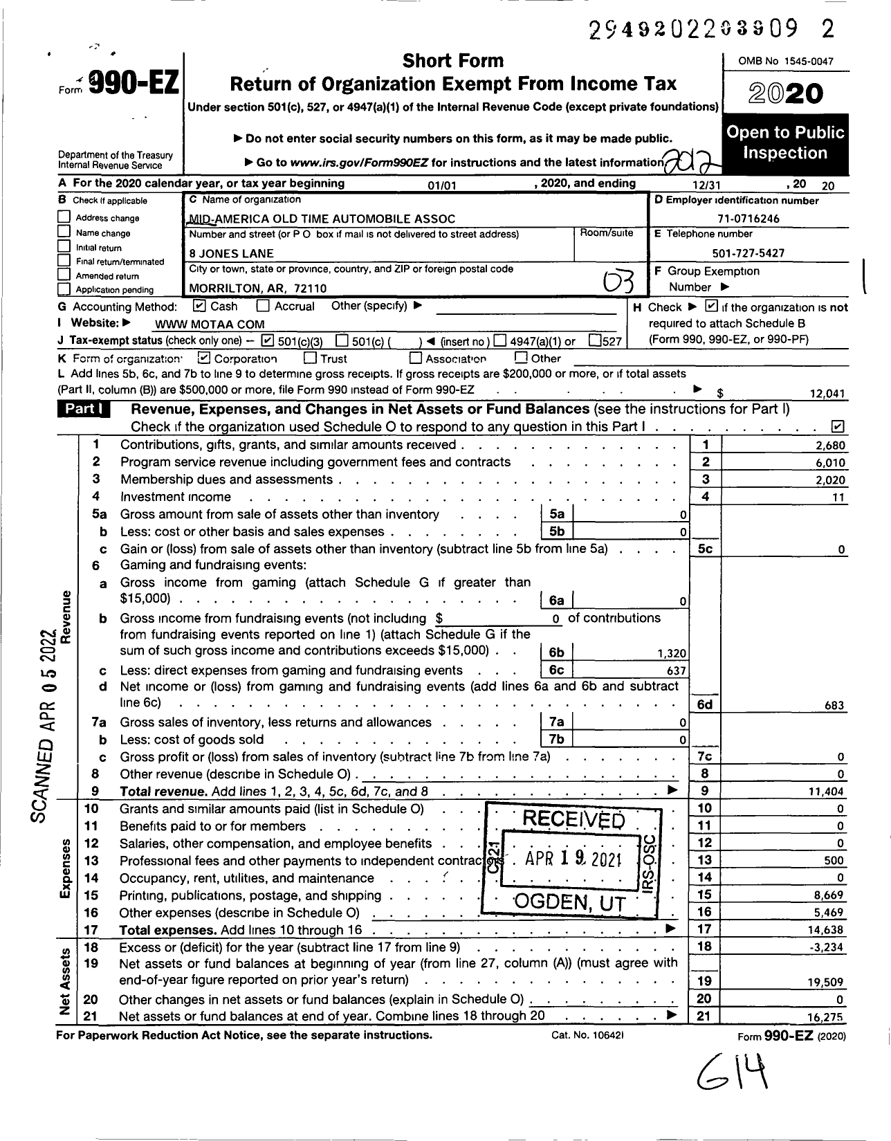 Image of first page of 2020 Form 990EZ for Mid-America Old Time Automobile Association