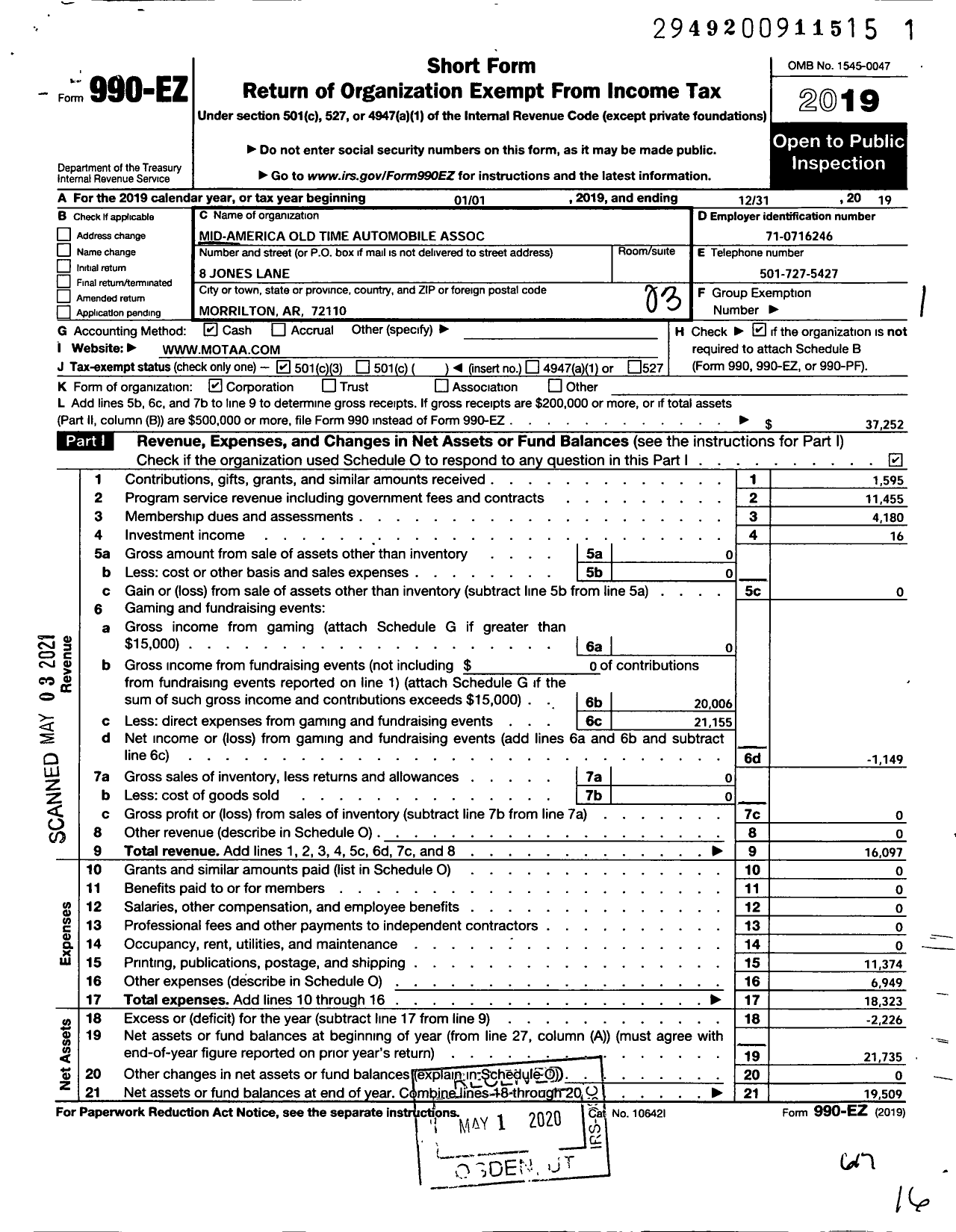 Image of first page of 2019 Form 990EZ for Mid-America Old Time Automobile Association