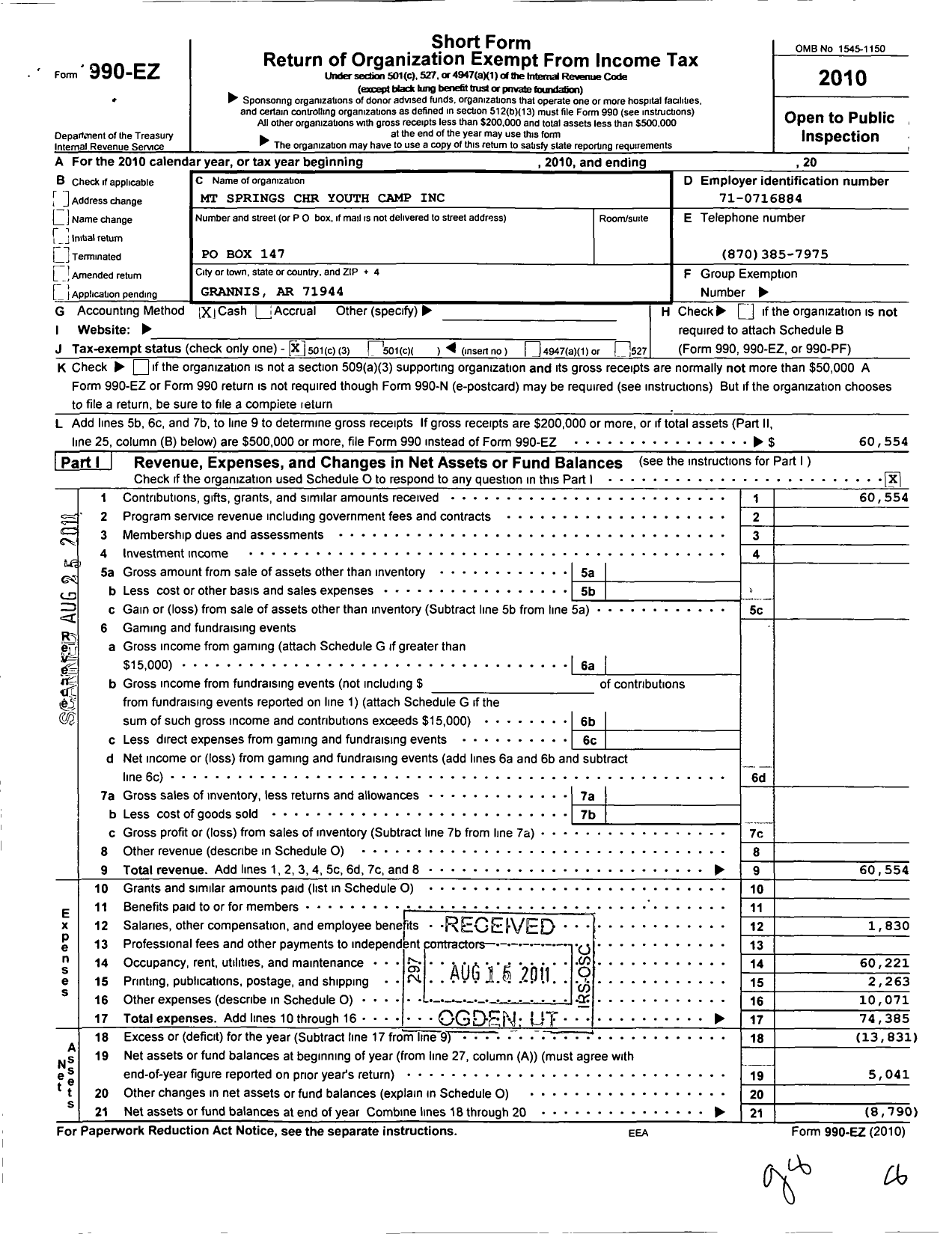 Image of first page of 2010 Form 990EZ for Mountain Springs Youth Camp