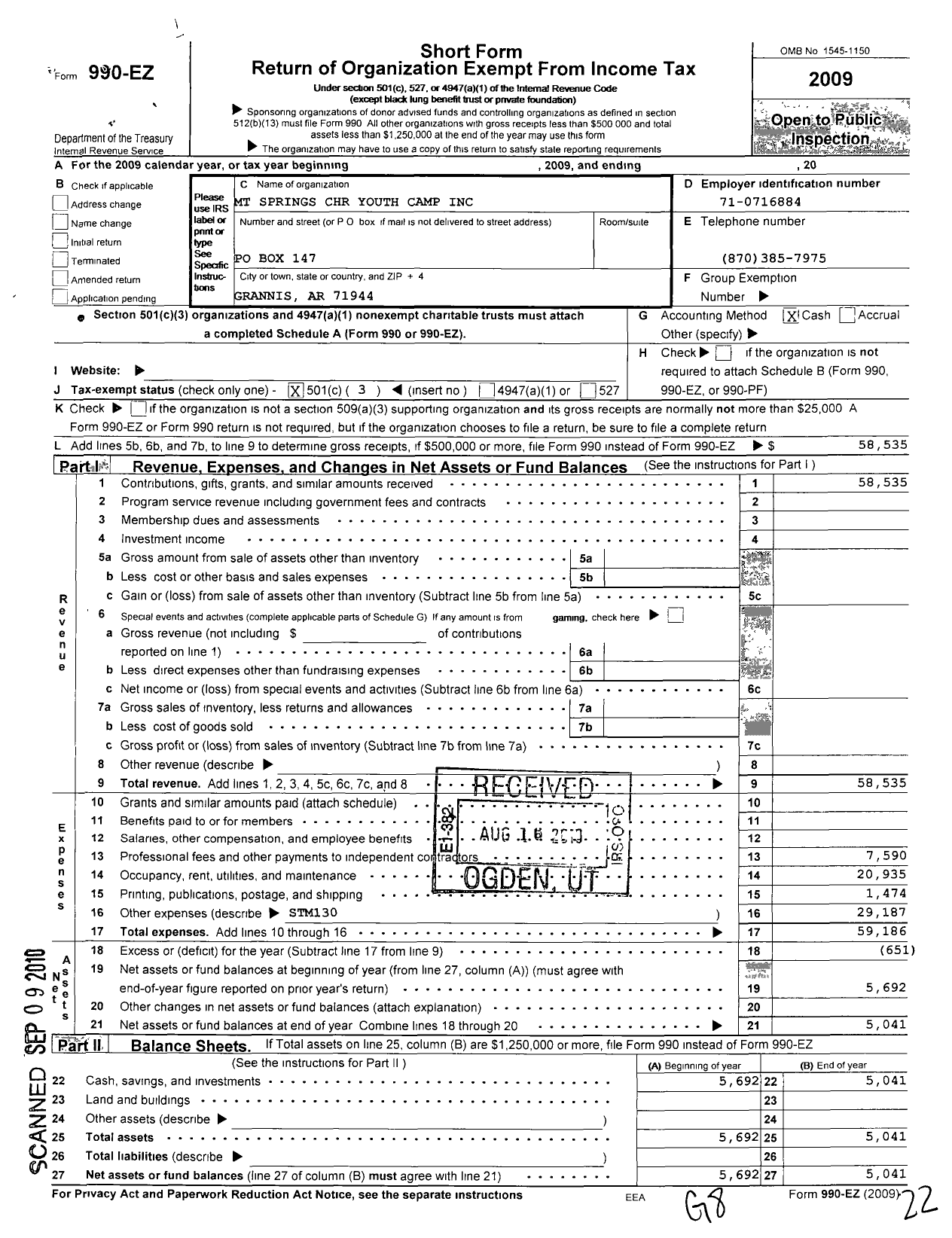 Image of first page of 2009 Form 990EZ for Mountain Springs Youth Camp