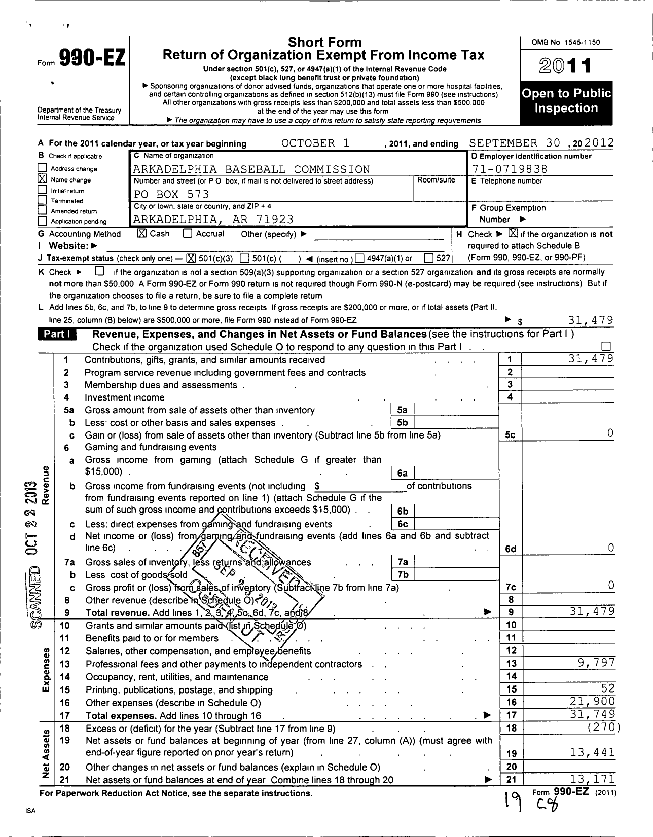 Image of first page of 2011 Form 990EZ for Little League Baseball - 3040101 Arkadelphia LL