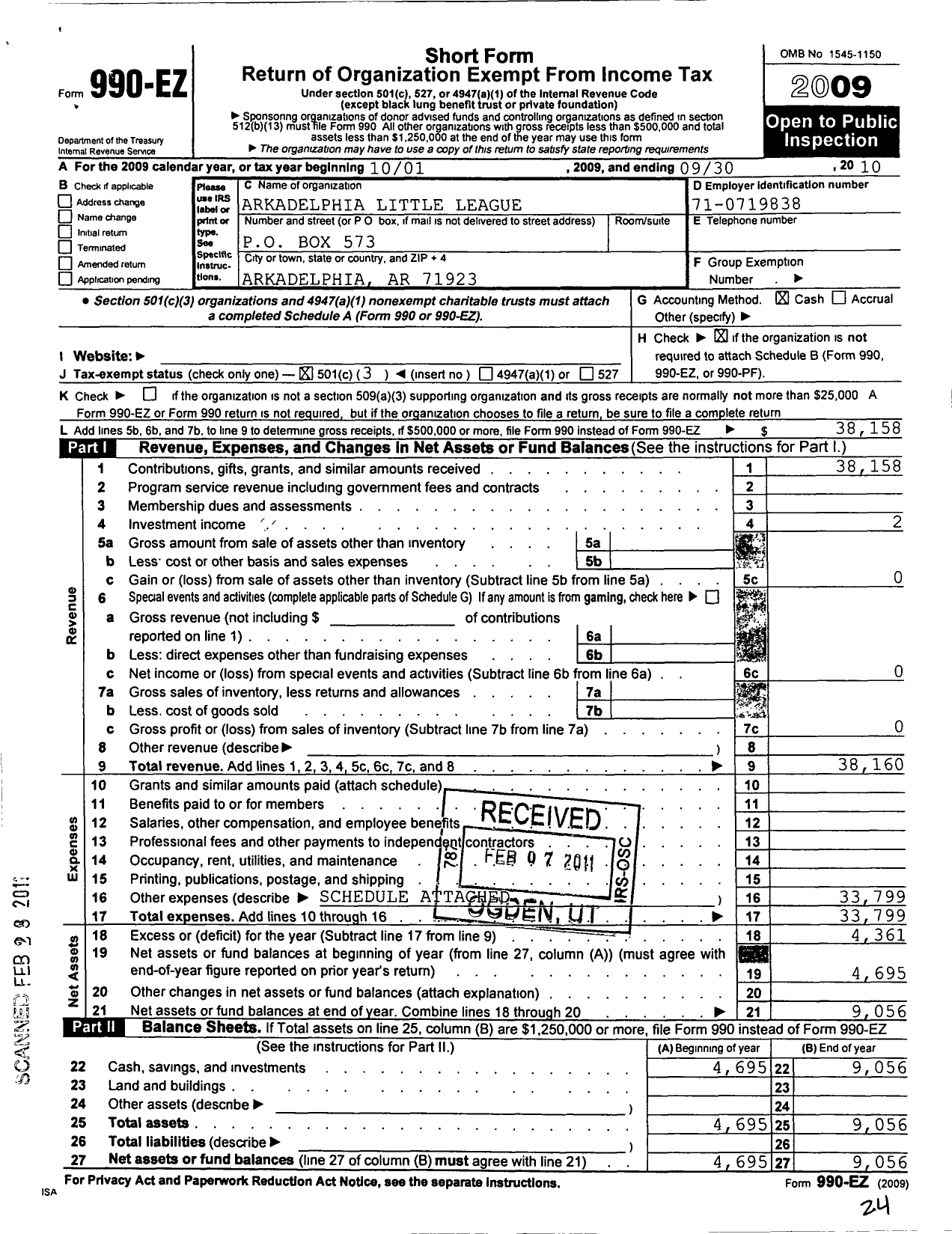 Image of first page of 2009 Form 990EZ for Little League Baseball - 3040101 Arkadelphia LL