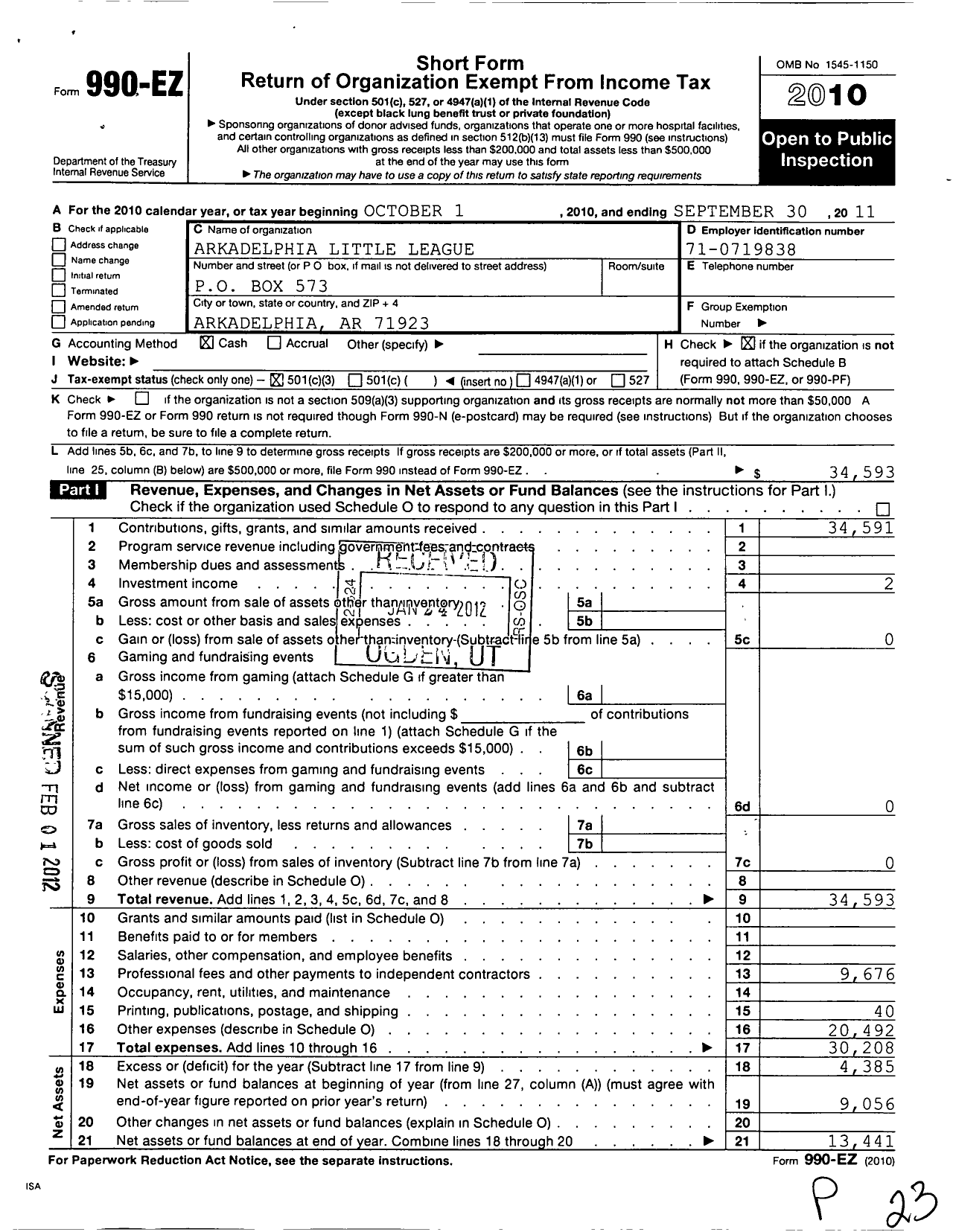 Image of first page of 2010 Form 990EZ for Little League Baseball - 3040101 Arkadelphia LL