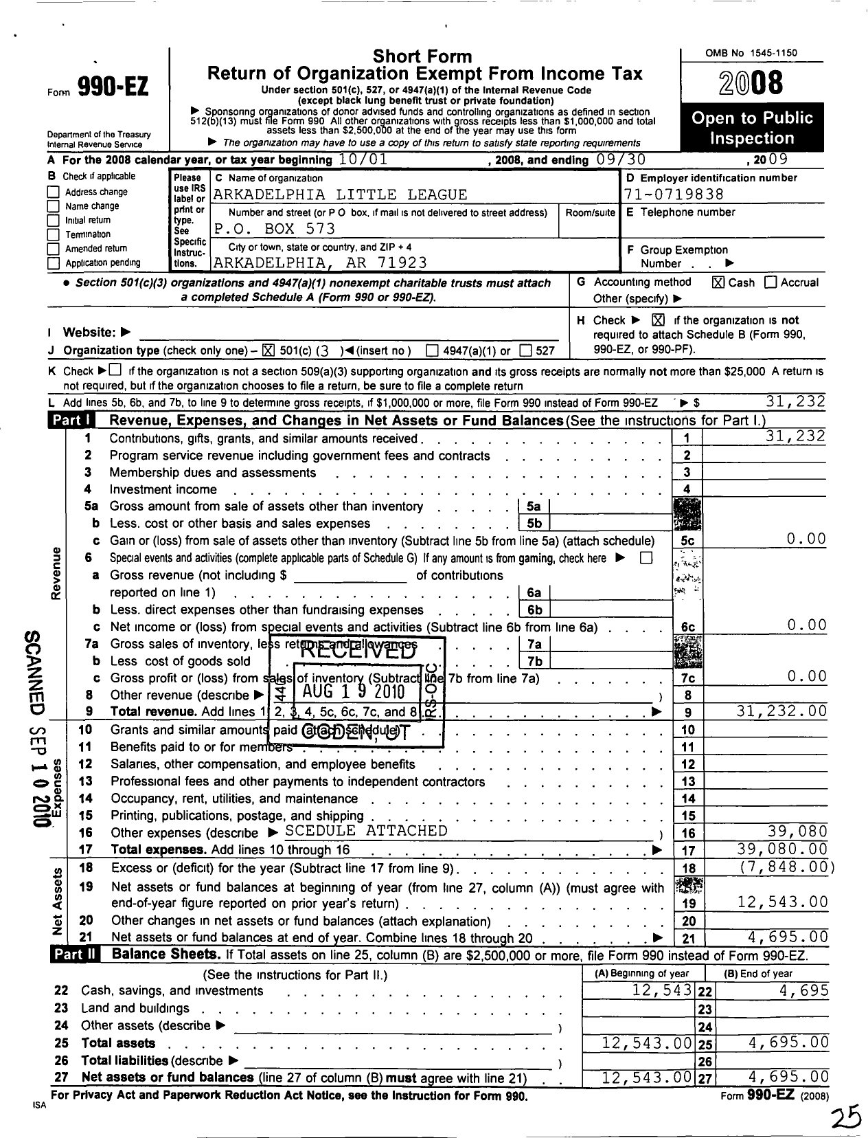 Image of first page of 2008 Form 990EZ for Little League Baseball - 3040101 Arkadelphia LL