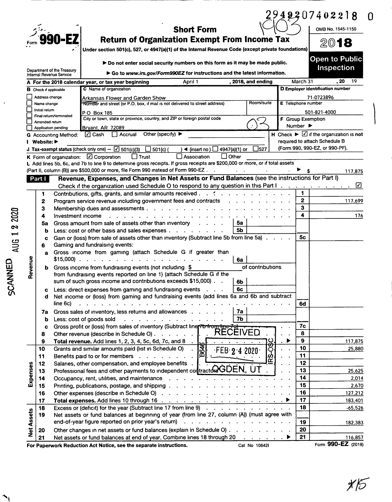 Image of first page of 2018 Form 990EZ for Arkansas Flower and Garden Show