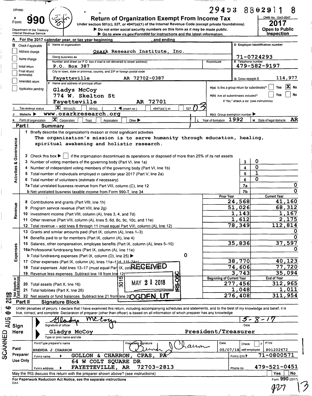 Image of first page of 2017 Form 990 for Ozark Research Institute