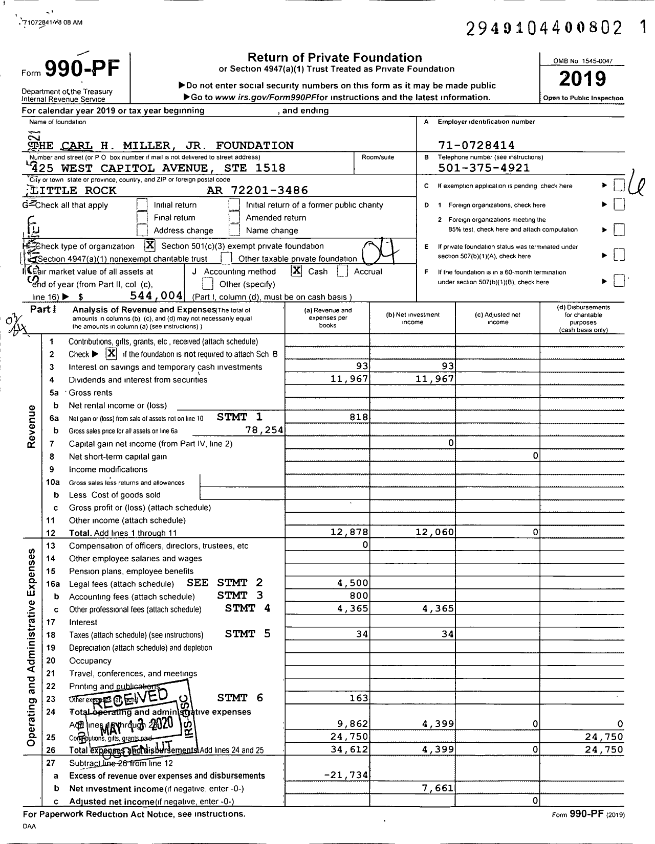 Image of first page of 2019 Form 990PF for The Carl H Miller JR Foundation