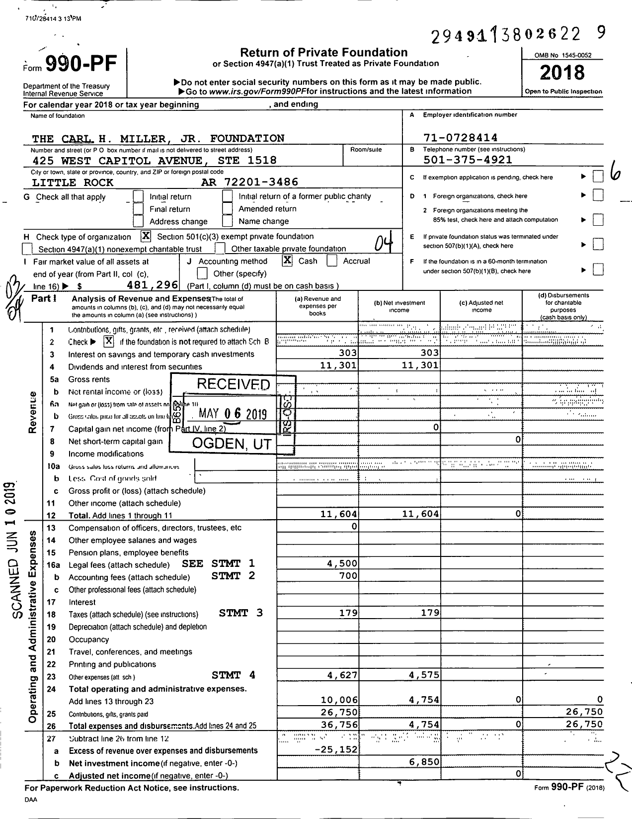 Image of first page of 2018 Form 990PF for The Carl H Miller JR Foundation