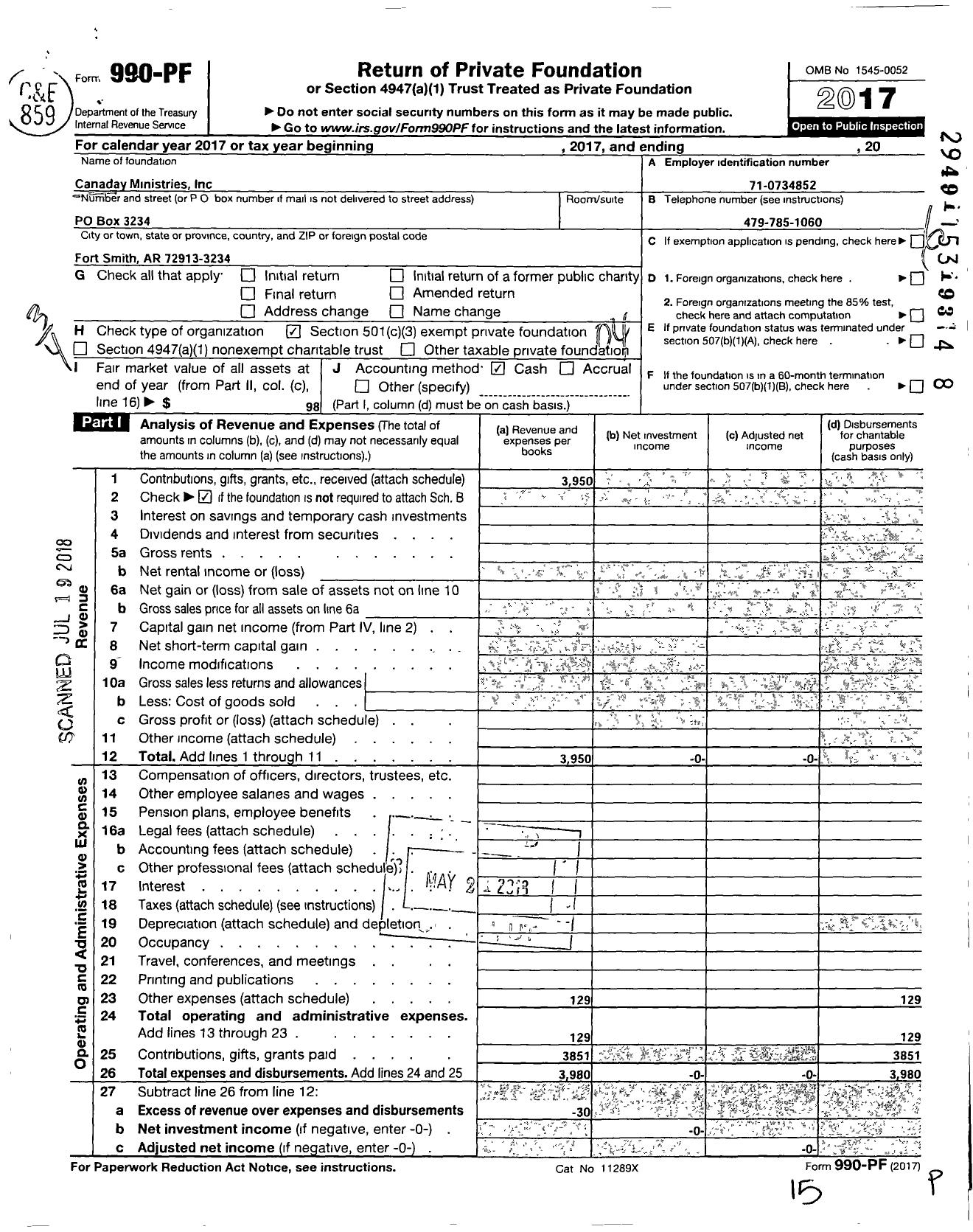 Image of first page of 2017 Form 990PF for Canaday Ministries