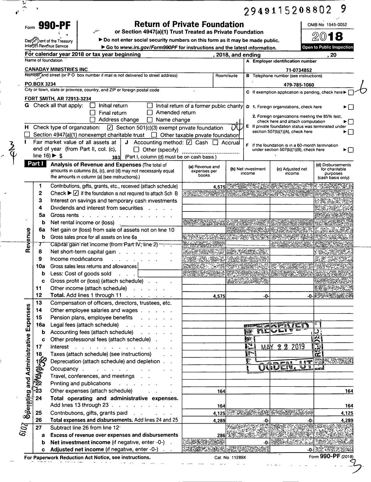 Image of first page of 2018 Form 990PF for Canaday Ministries